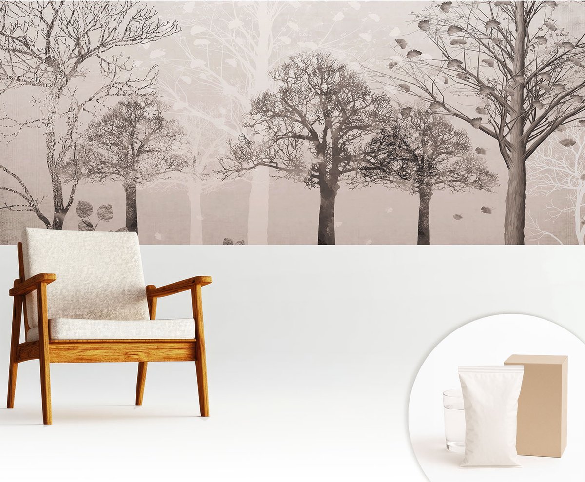 Wallfluent Fotobehang - Beige Vliesbehang - 250x104 cm - Kwetsbare Bomen Muurschildering - Slaapkamer behang Bloemen En Planten - Fotobehang Vlies - Gang behang