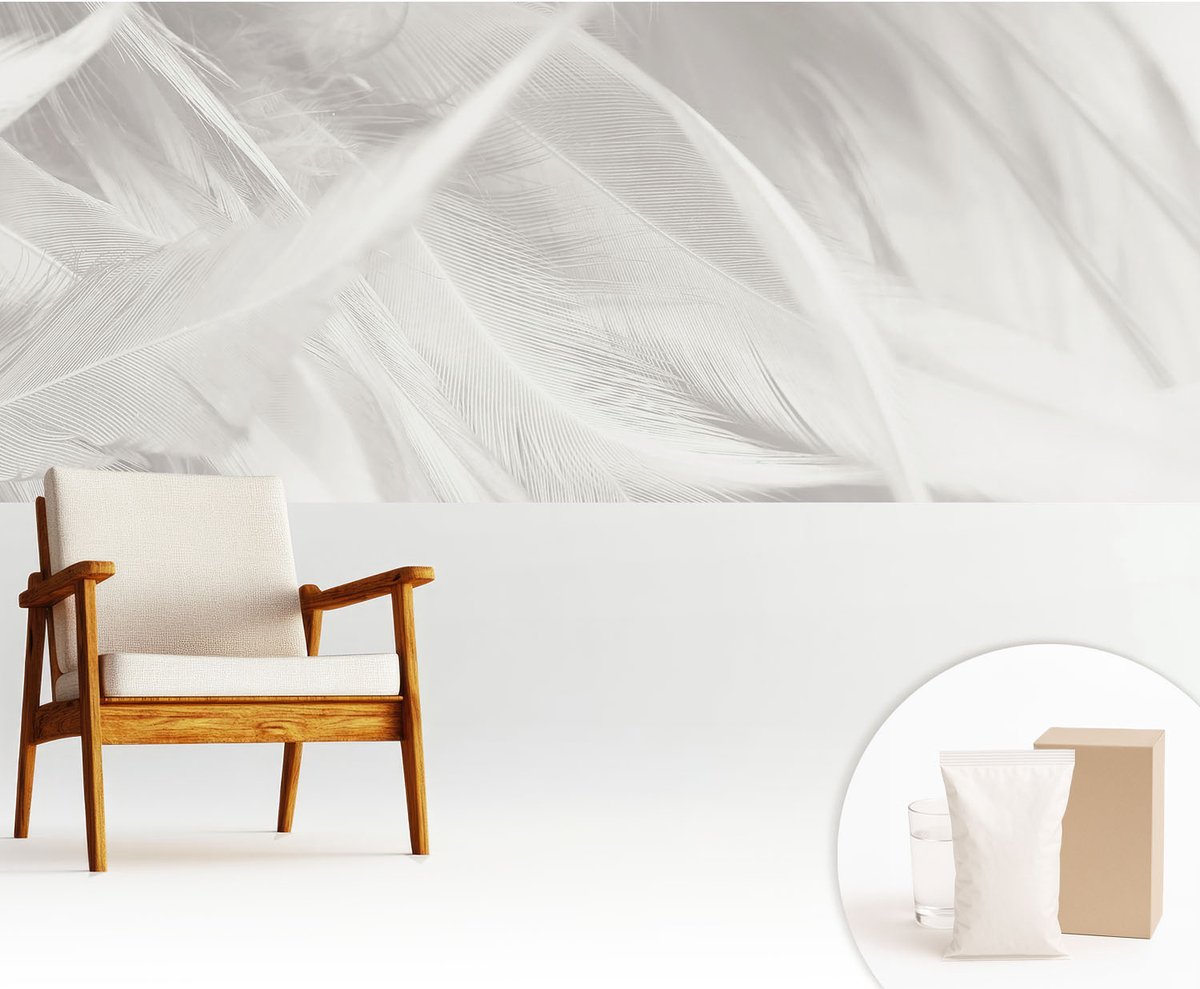 Wallfluent Fotobehang - Wit Vliesbehang - 250x104 cm - Subtiele Veren Muurschildering - Slaapkamer behang Texturen - Fotobehang Vlies - Slaapkamer behang