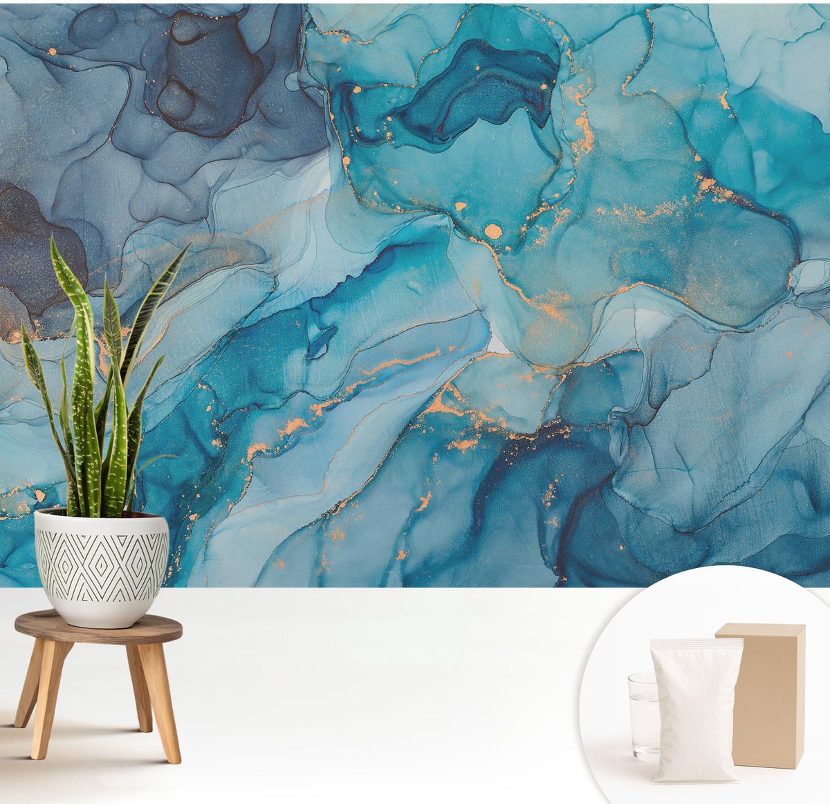 Wallfluent Fotobehang - Blauw Vliesbehang - 208x146 cm - Blauwe Abstractie Fotobehang Vlies - Woonkamer behang Abstractie - Muurschildering - Hal behang