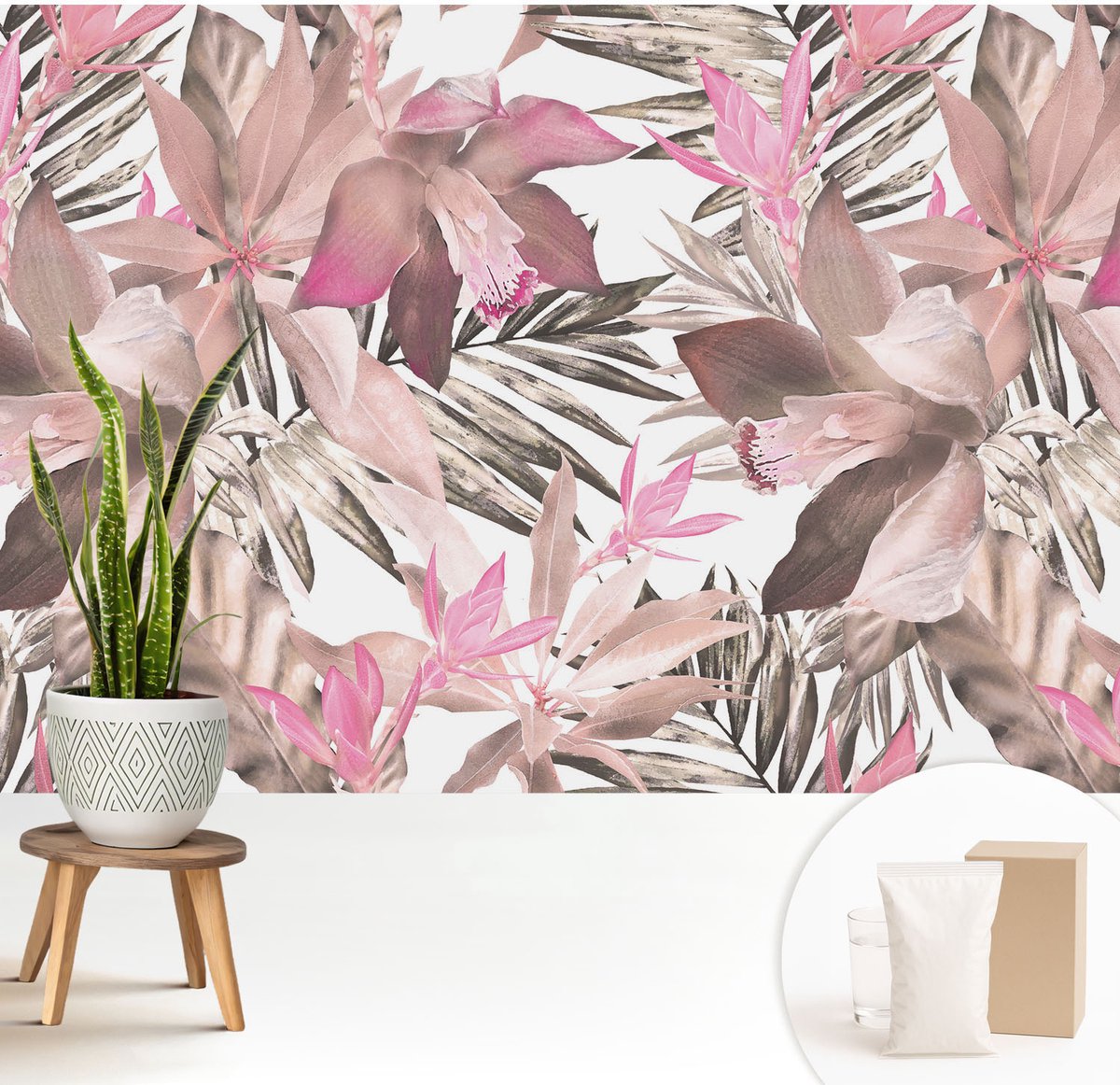 Wallfluent Fotobehang - Bruin Vliesbehang - 208x146 cm - Exotische Bloemen Muurschildering - Gang behang Bloemen En Planten - Fotobehang Vlies - Gang behang