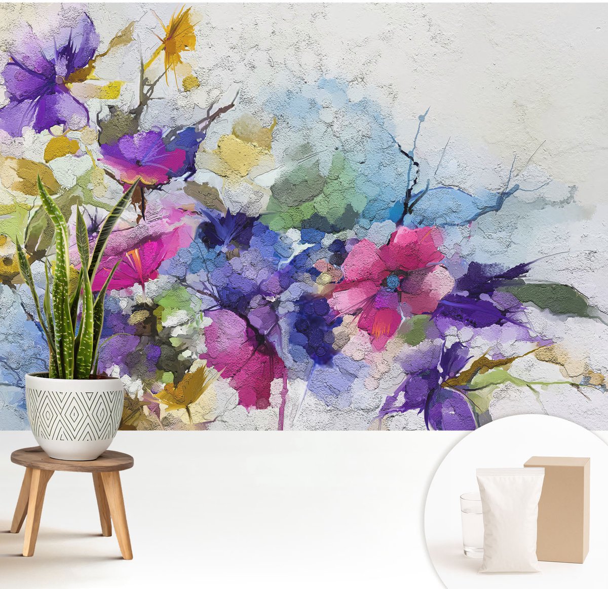 Wallfluent Fotobehang - Zwart Vliesbehang - 208x146 cm - Abstracte Bloemen Fotobehang Vlies - Woonkamer behang Bloemen En Planten - Muurschildering - Woonkamer behang