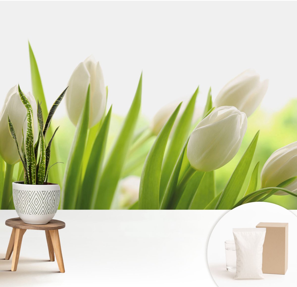 Wallfluent Fotobehang - Wit Vliesbehang - 208x146 cm - Witte Tulpen Muurschildering - Slaapkamer behang Bloemen En Planten - Fotobehang Vlies - Slaapkamer behang