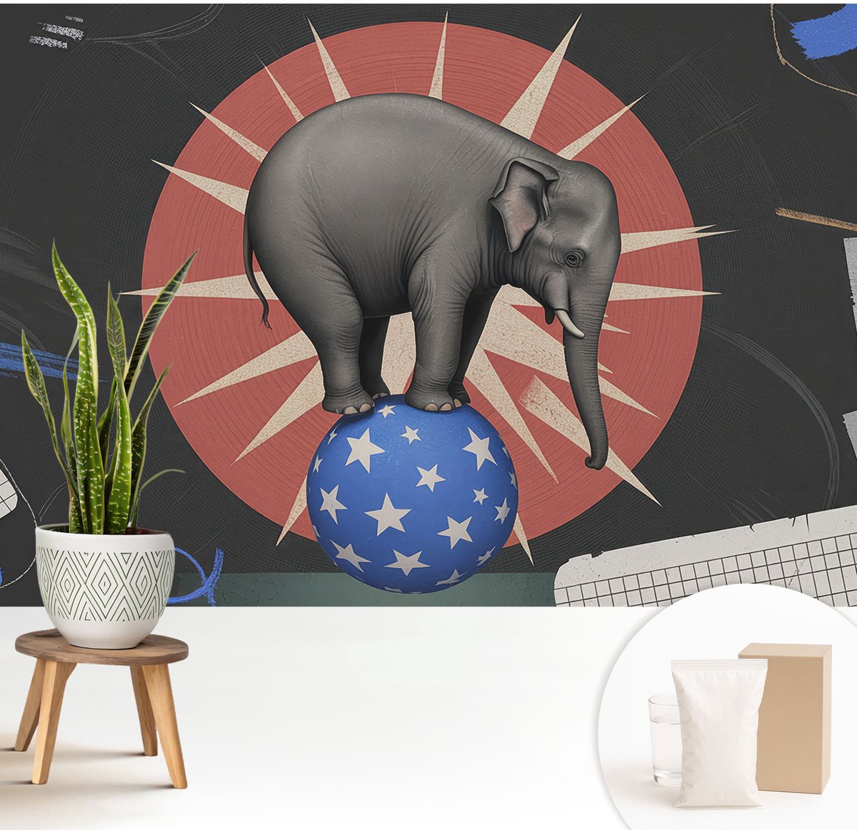 Wallfluent Fotobehang - Zwart Vliesbehang - 208x146 cm - Circusolifant Fotobehang Vlies - Woonkamer behang Deel - Muurschildering - Woonkamer behang