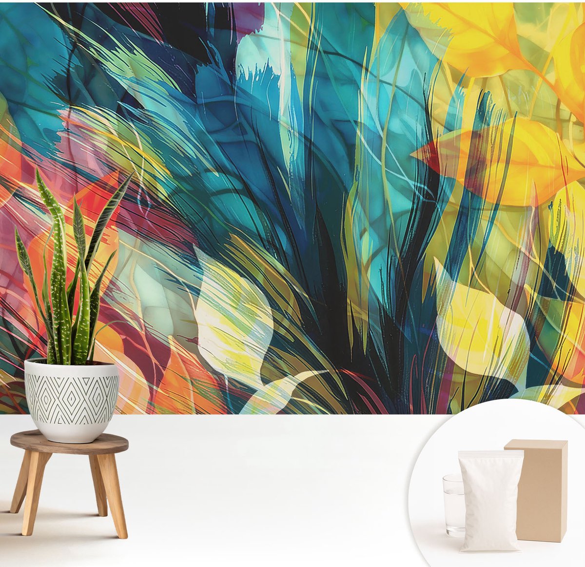 Wallfluent Fotobehang - Blauw Vliesbehang - 208x146 cm - Abstracte Bladeren Muurschildering - Slaapkamer behang Abstractie - Fotobehang Vlies - Slaapkamer behang