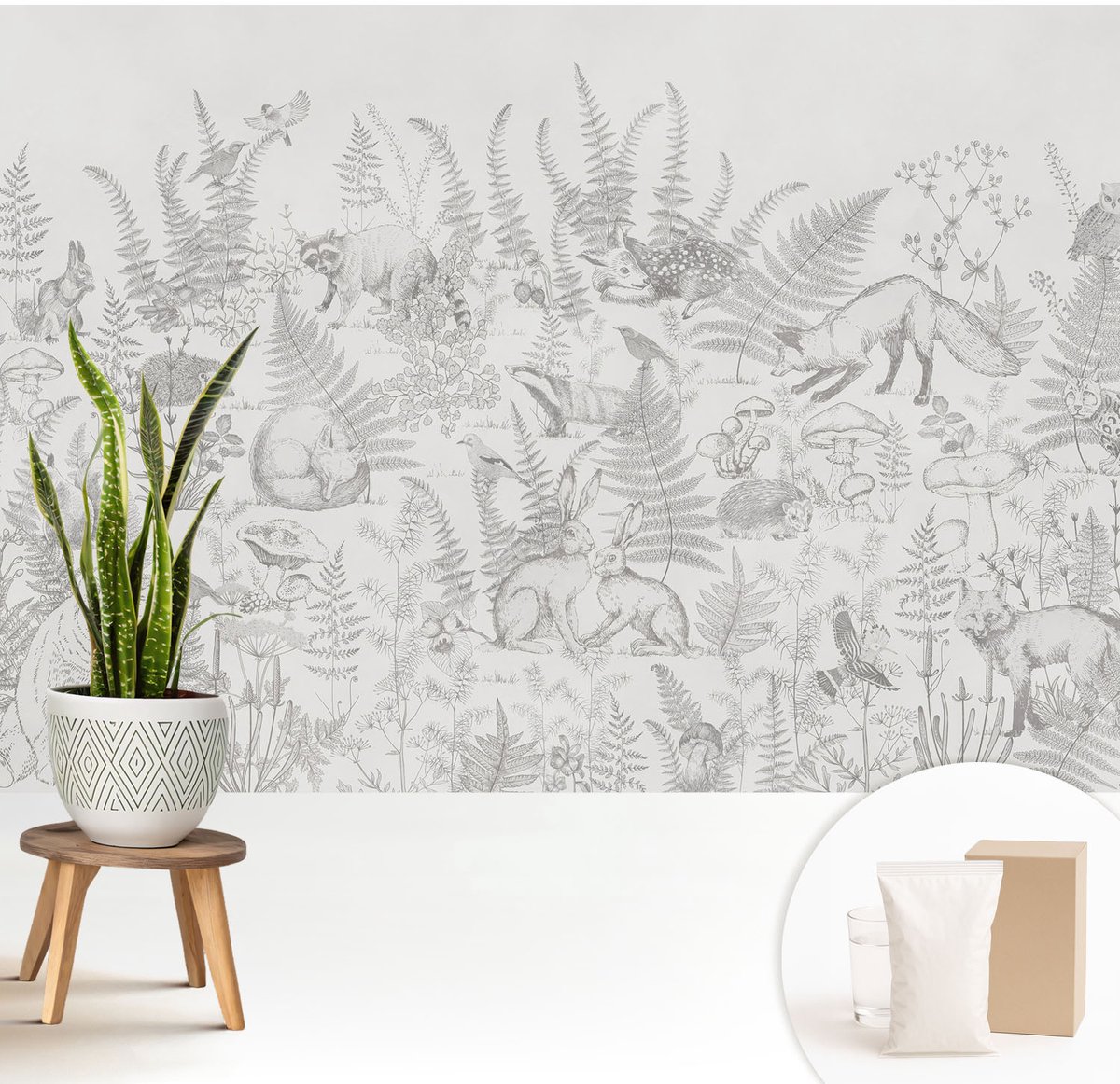 Wallfluent Fotobehang - Grijs Vliesbehang - 208x146 cm - Bosdieren Fotobehang Vlies - Hal behang Dieren - Muurschildering - Woonkamer behang