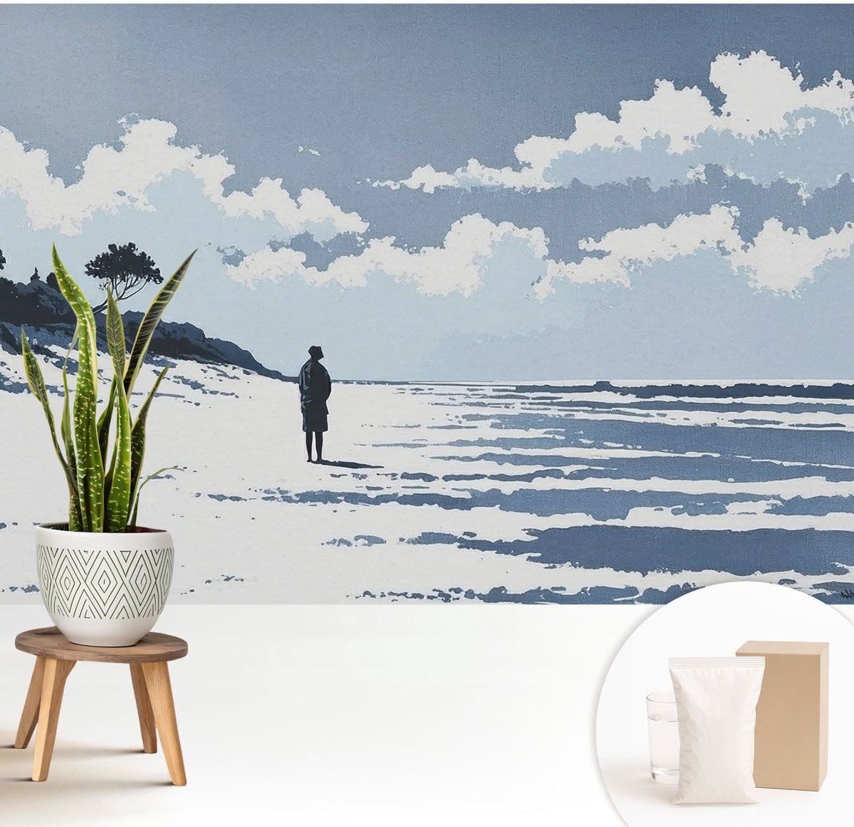 Wallfluent Fotobehang - Blauw Vliesbehang - 208x146 cm - Stilte Op Het Strand Fotobehang Vlies - Woonkamer behang Landschappen - Muurschildering - Woonkamer behang