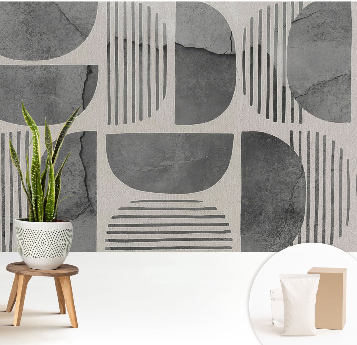 Wallfluent Fotobehang - Grijs Vliesbehang - 208x146 cm - Geometrische Vormen Muurschildering - Gang behang Abstractie - Fotobehang Vlies - Slaapkamer behang