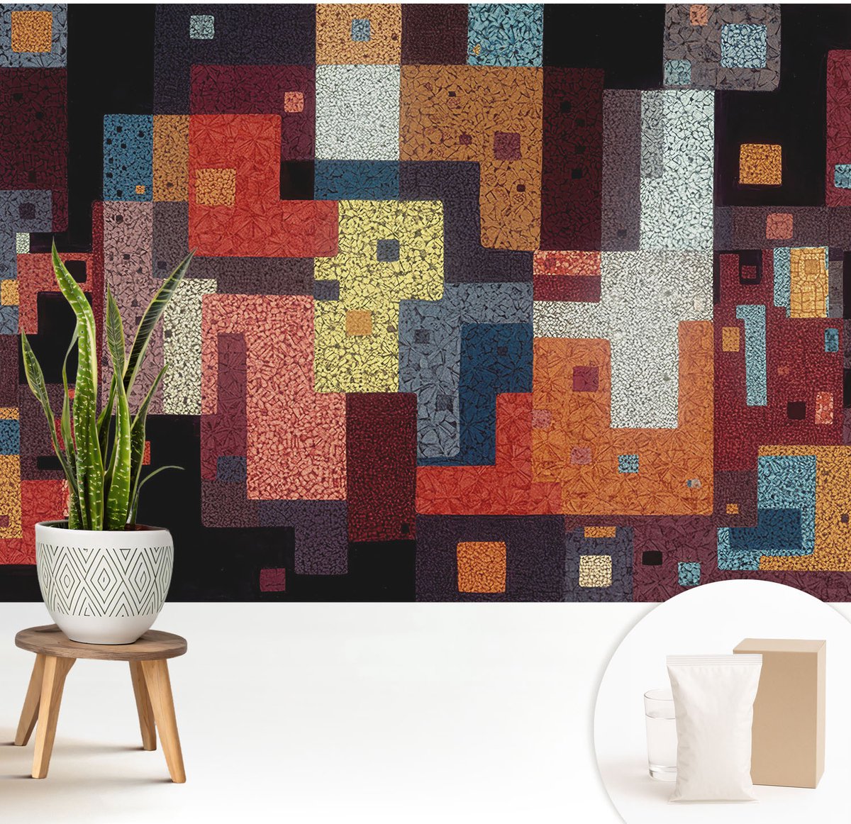 Wallfluent Fotobehang - Zwart Vliesbehang - 208x146 cm - Kleurrijke Vormen Muurschildering - Gang behang Abstractie - Fotobehang Vlies - Slaapkamer behang