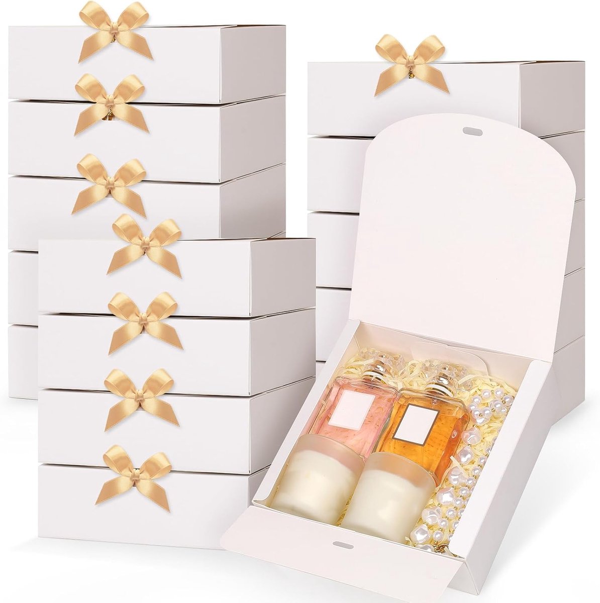 SnelShoppen - Cadeaudoos met deksel, 16x16x5 cm, 15 stuks witte geschenkdozen, opvouwbaar met gouden lint voor bruiloft, verjaardag, Valentijnsdag, fe