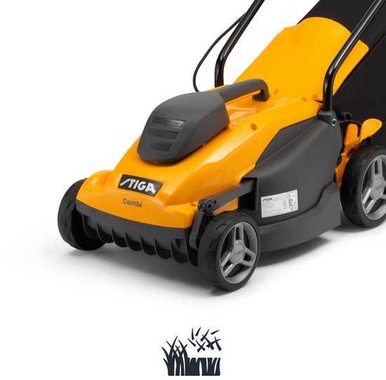 Voorzijde van gele en grijze Stiga Combi grasmaaier met grassymbool.