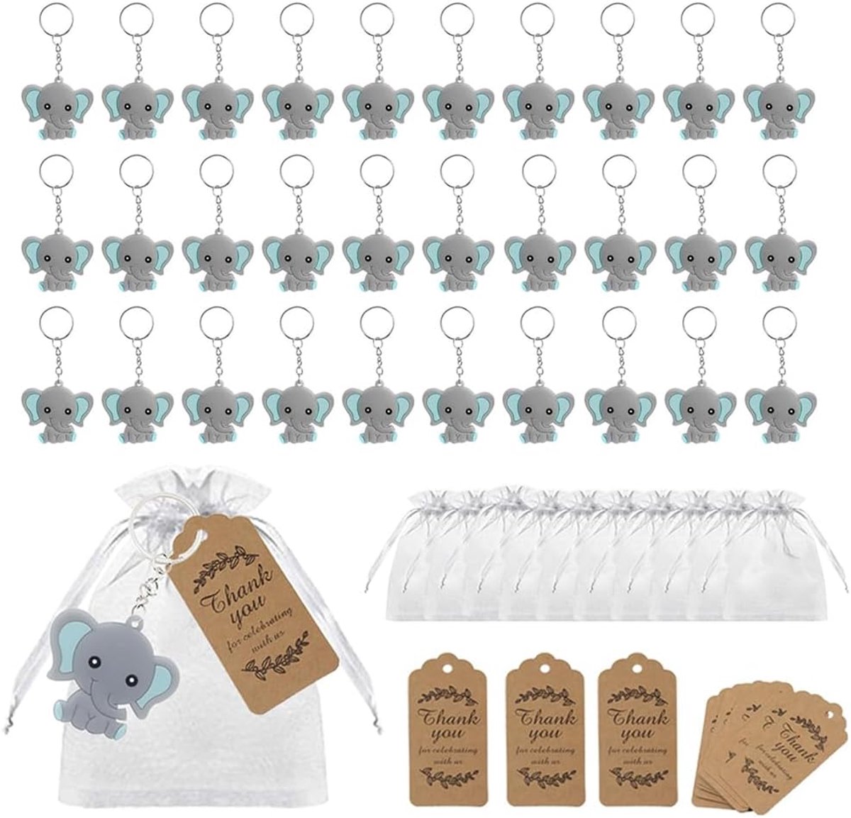 30 Pcs Guest Gifts Christening Elephants Key Chains PVC Elephant Pendants Set Blue Elephant Kids Keychain with Organza - ShopVlot