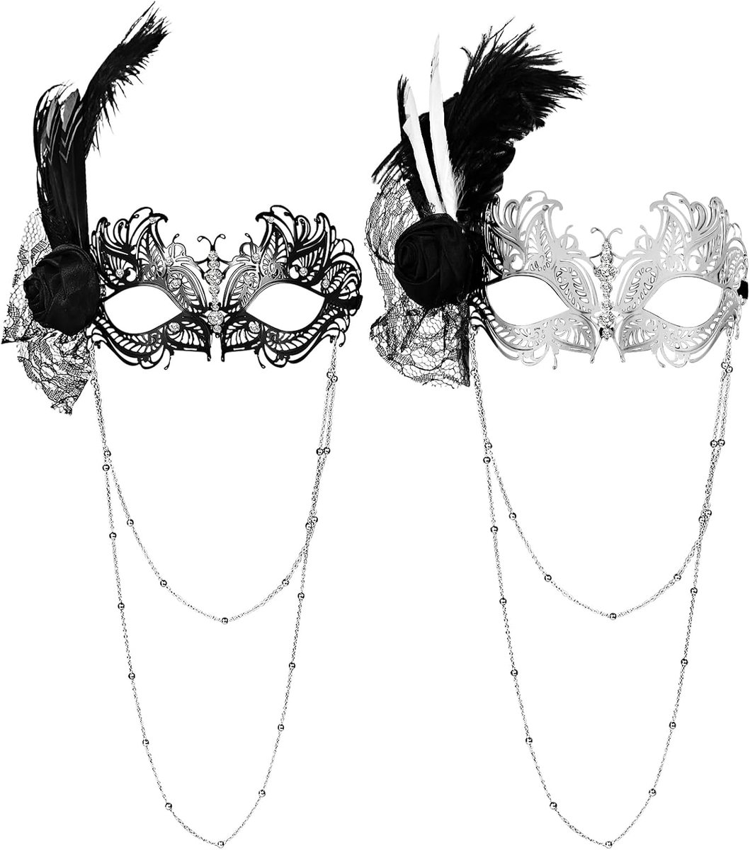 Venetiaans masker voor vrouwen - met veren en bloemen - dubbele ketting - ideaal voor Halloween en feesten - ShopVlot