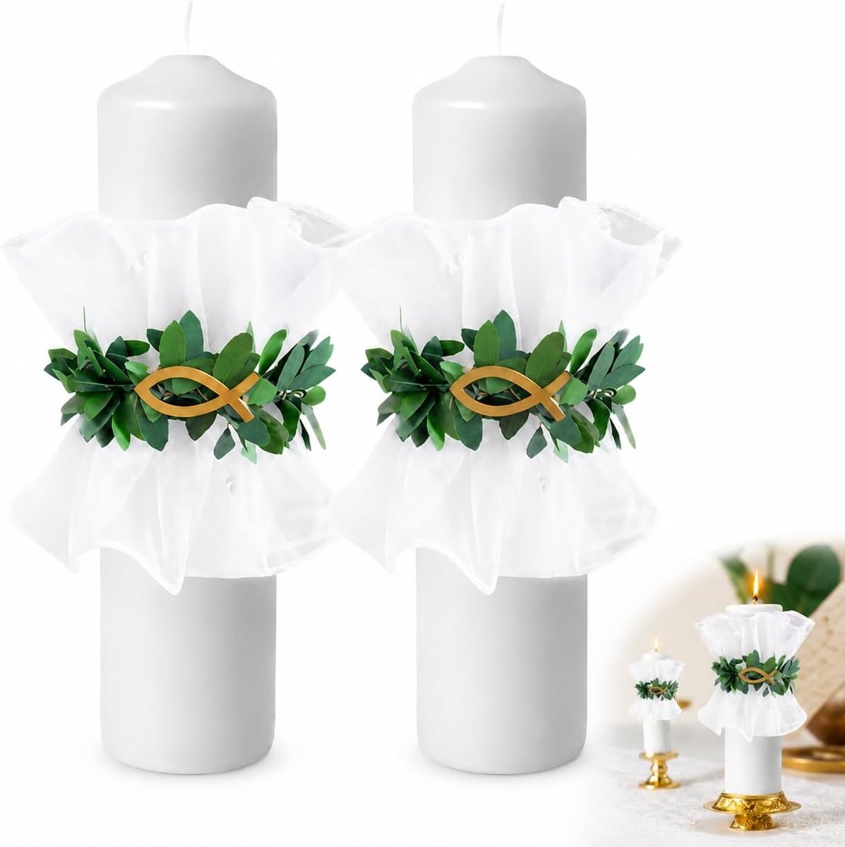 Kaars Decoratie Set - 2 Stuks, Met Transparante Gouden Vis en Bloemkrans, Ideaal voor Doop, Huwelijk en Feestjes, Geschikt voor Kaarsen van 3-6 cm