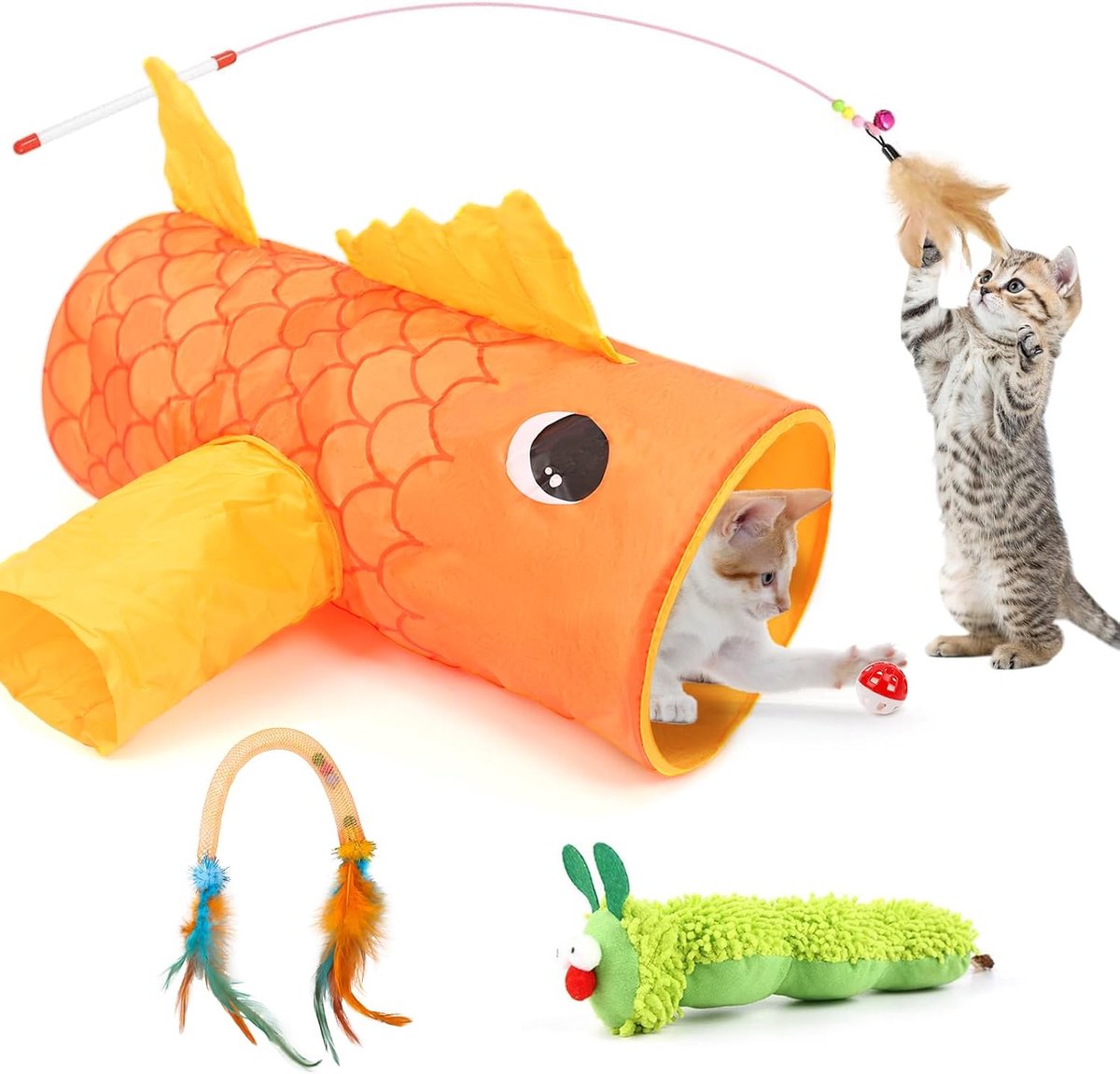 Kattenspeelgoedset met rammeltunnel, kattentunnel, kattenkruidspeelgoed, kattentoverstaf, krabbord, veerspeelgoed, kattenballen, opvouwbare speeltunnel kattenhol, ideaal voor kittens