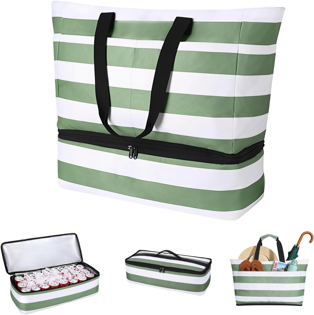 Draagtas, strandtas, opvouwbaar, licht, grote strandtas voor dames, met afneembare koeltas, Groen en Wit, XX-Large