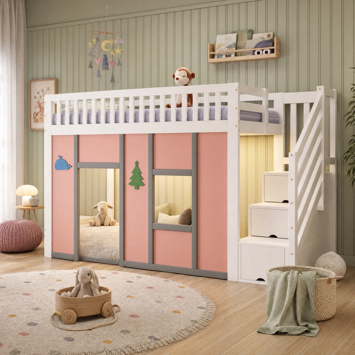 MODENUIT Kinderbed – Halfhoogslaper 90 x 200 cm – Hout en MDF – Wit en Roze – Met Ledverlichting