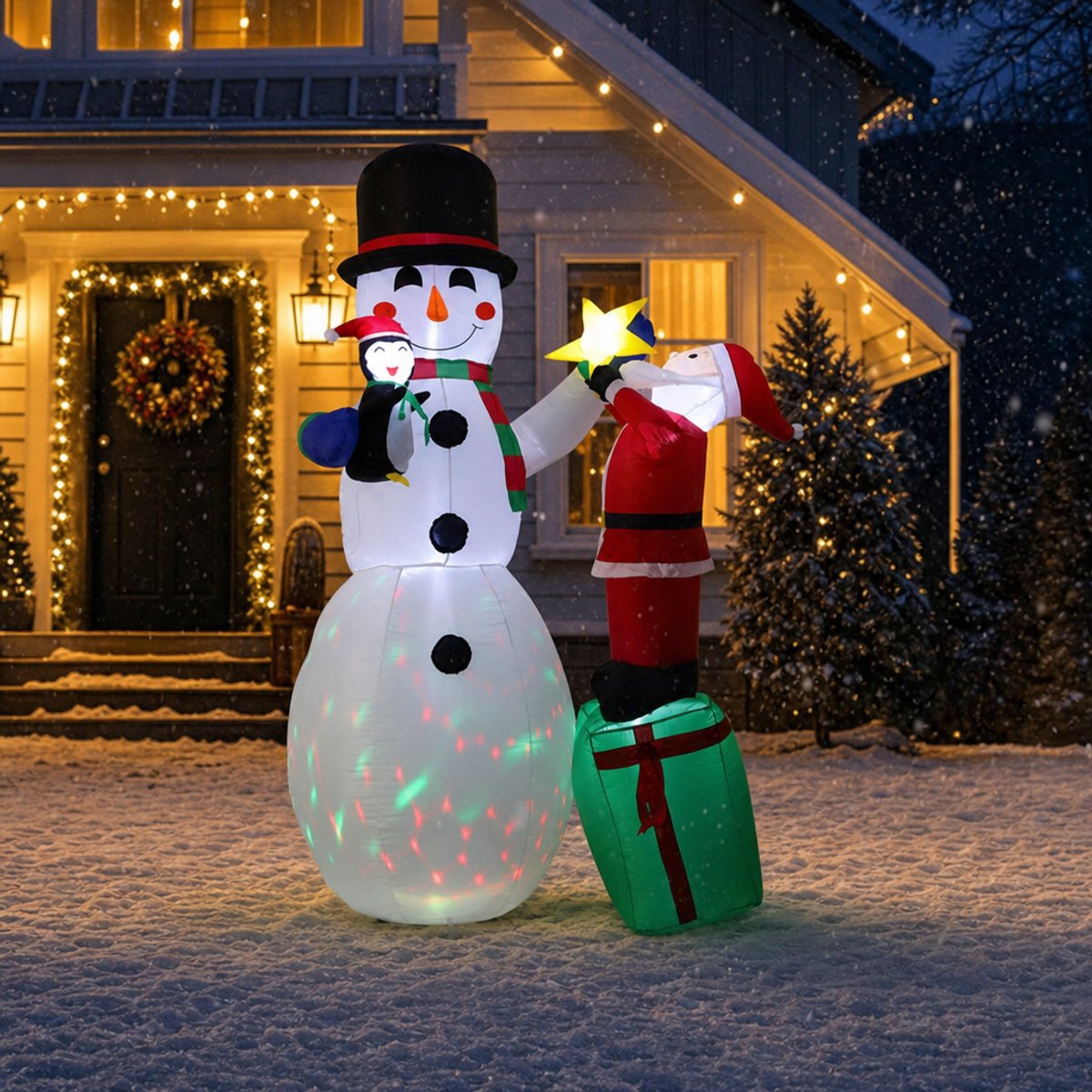 Opblaasbare sneeuwpop met rendier en cadeau - 240 cm hoog - met gekleurde LED-verlichting - kerstdecoratie voor tuin & buiten - incl. grondpennen