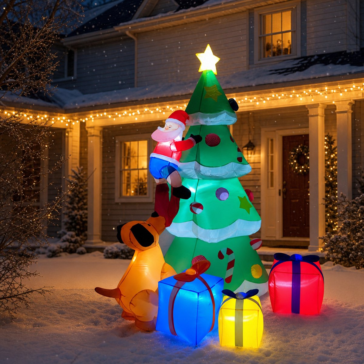 Opblaasbare kerstboom met kerstman en cadeaus - 210 cm hoog - met witte LED-verlichting - kerstdecoratie voor tuin & buiten - incl. grondpennen
