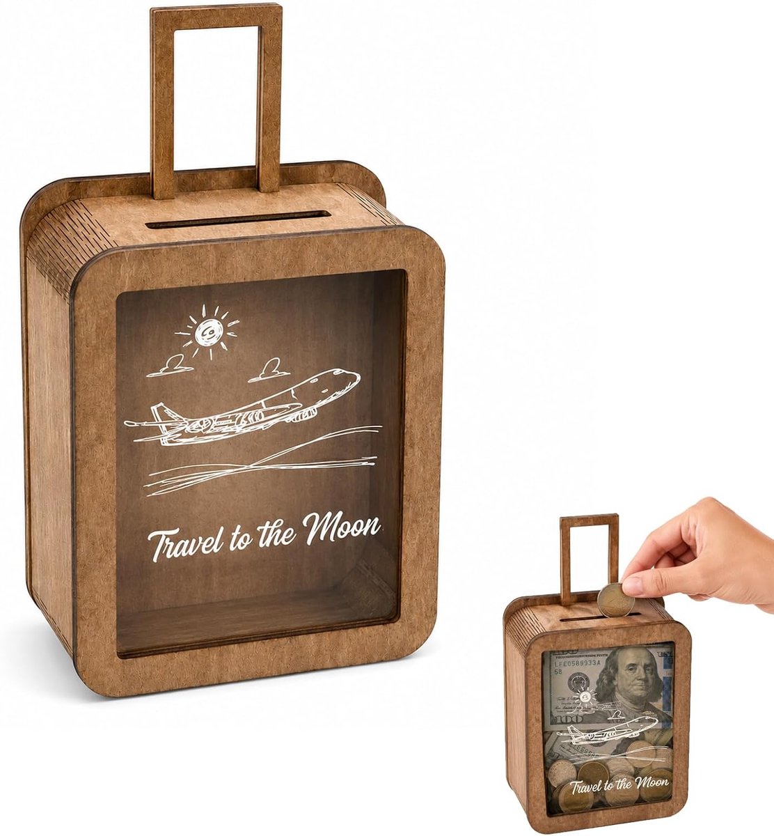 Spaarpot van hout in kofferdesign met kijkvenster, spaarpot voor munten en biljetten, schatkist, reisspaarpot als cadeau-idee voor kinderen en volwassenen (bruin-1)