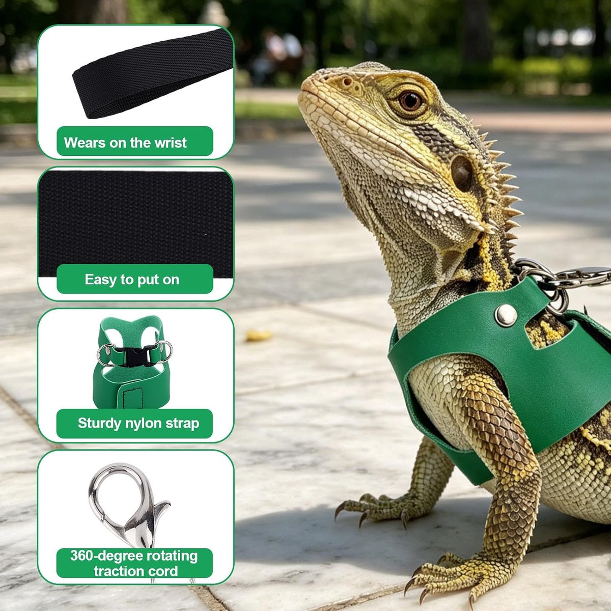 3st Baardagame Harnas, in 3 Maten Verstelbaar Baardagame Harnas met Riem Reptielen Wandelaccessoires voor Hagedissen en Kleine Huisdieren (Groen)