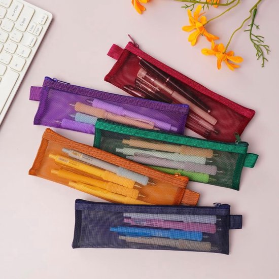 Mesh Etui Pen Tas Organizer Draagbare Multicolor Briefpapier Houder Mini Kantoor School Opslag voor Studenten Meisjes, Blauw, Eenvoudig — afbeelding 3