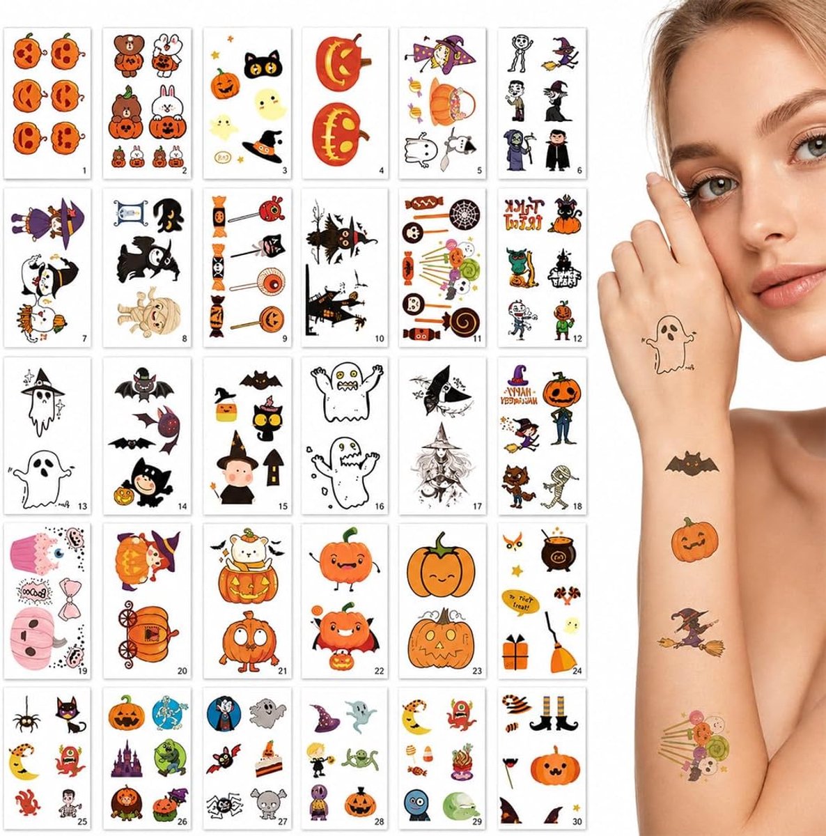 Tijdelijke Halloween-tatoeages voor kinderen, motieftatoeages met vampiers, heks, geest, pompoen, voor Halloween-party, kostuumfeest, carnaval