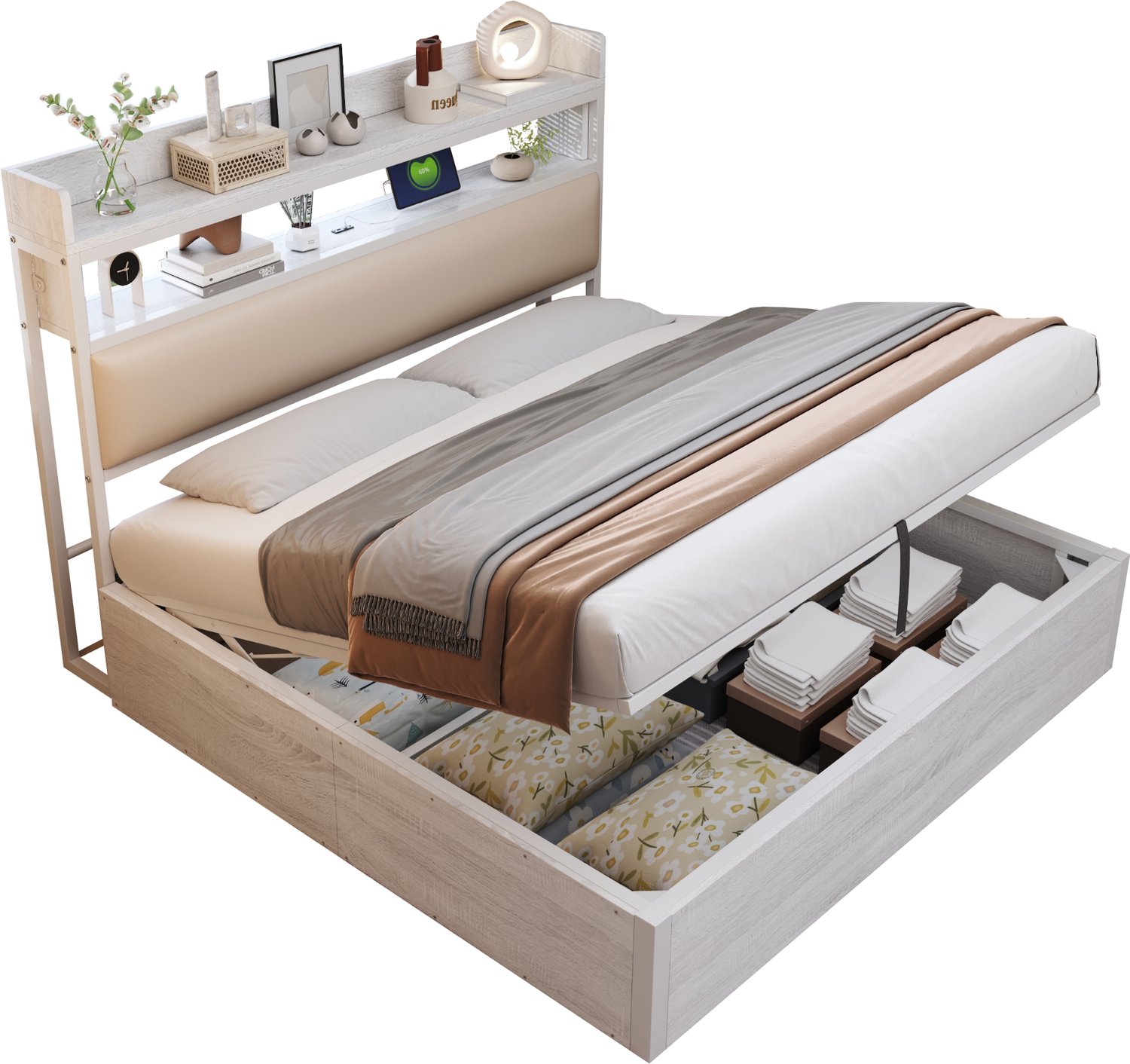 MUVANO Wit bed met opbergruimte 180x200 cm - Tweepersoonsbed - Hydraulisch hefmechanisme - USB - Gestoffeerd hoofdbord - Metaal en hout - Retro