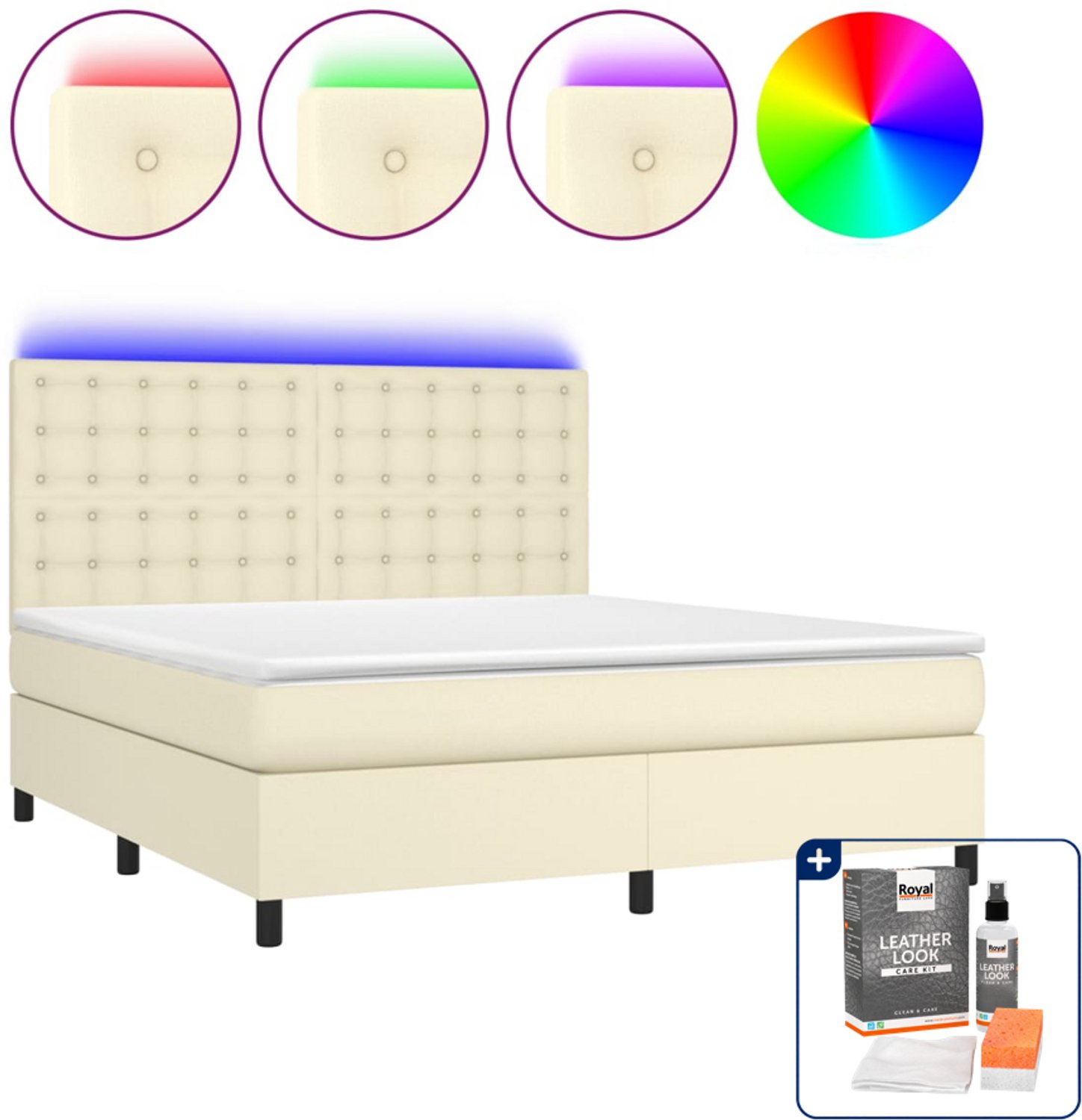 vidaXL Boxspring Queensize - 160 x 200 cm - kunstleer - crème - Inclusief onderhoudsset voor kunstleer 150 ml