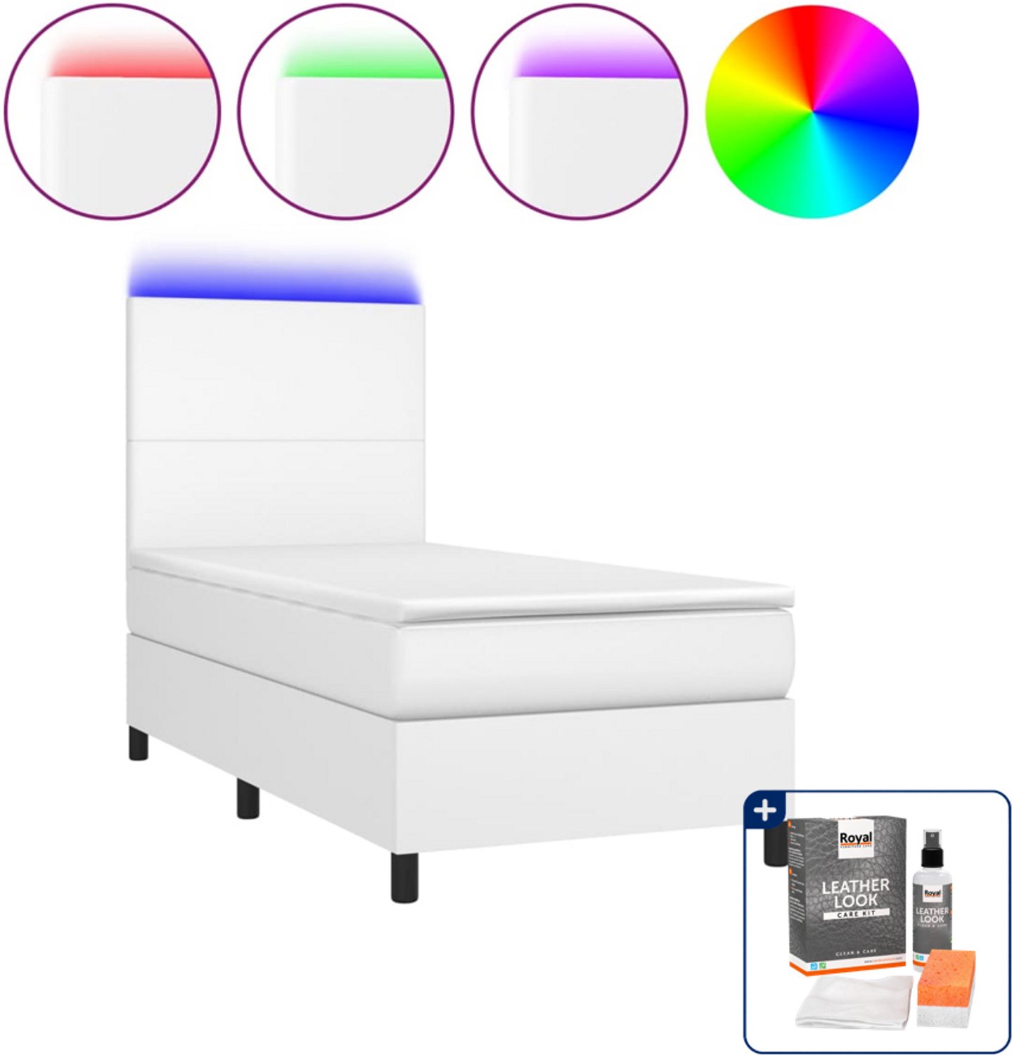 vidaXL boxspring met matras en LED - 100 x 200 cm - kunstleer - wit - Inclusief onderhoudsset voor kunstleer 150 ml