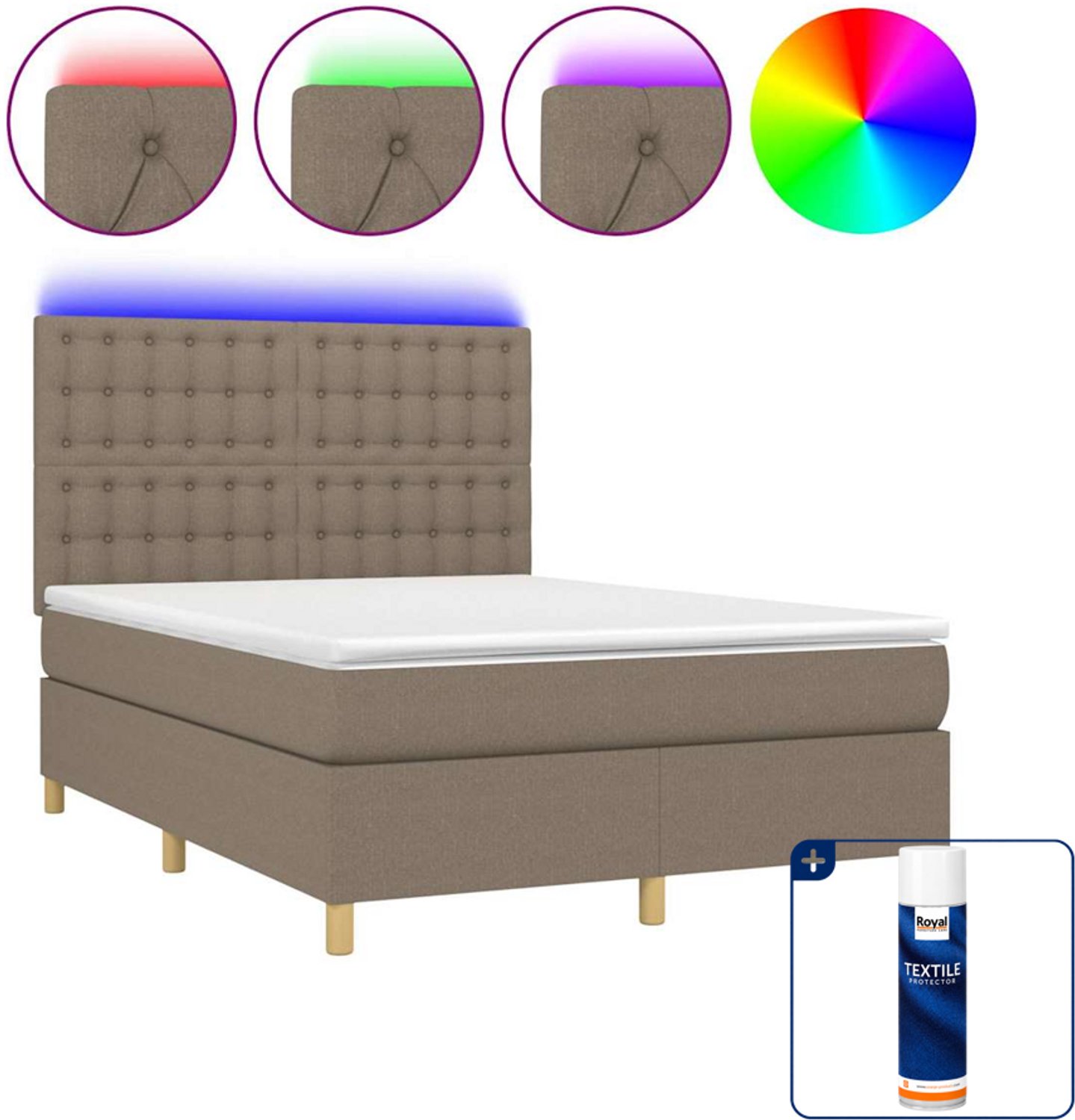 vidaXL boxspring met matras en led - 140 x 190 cm - taupe - Inclusief textielbeschermer 500 ml