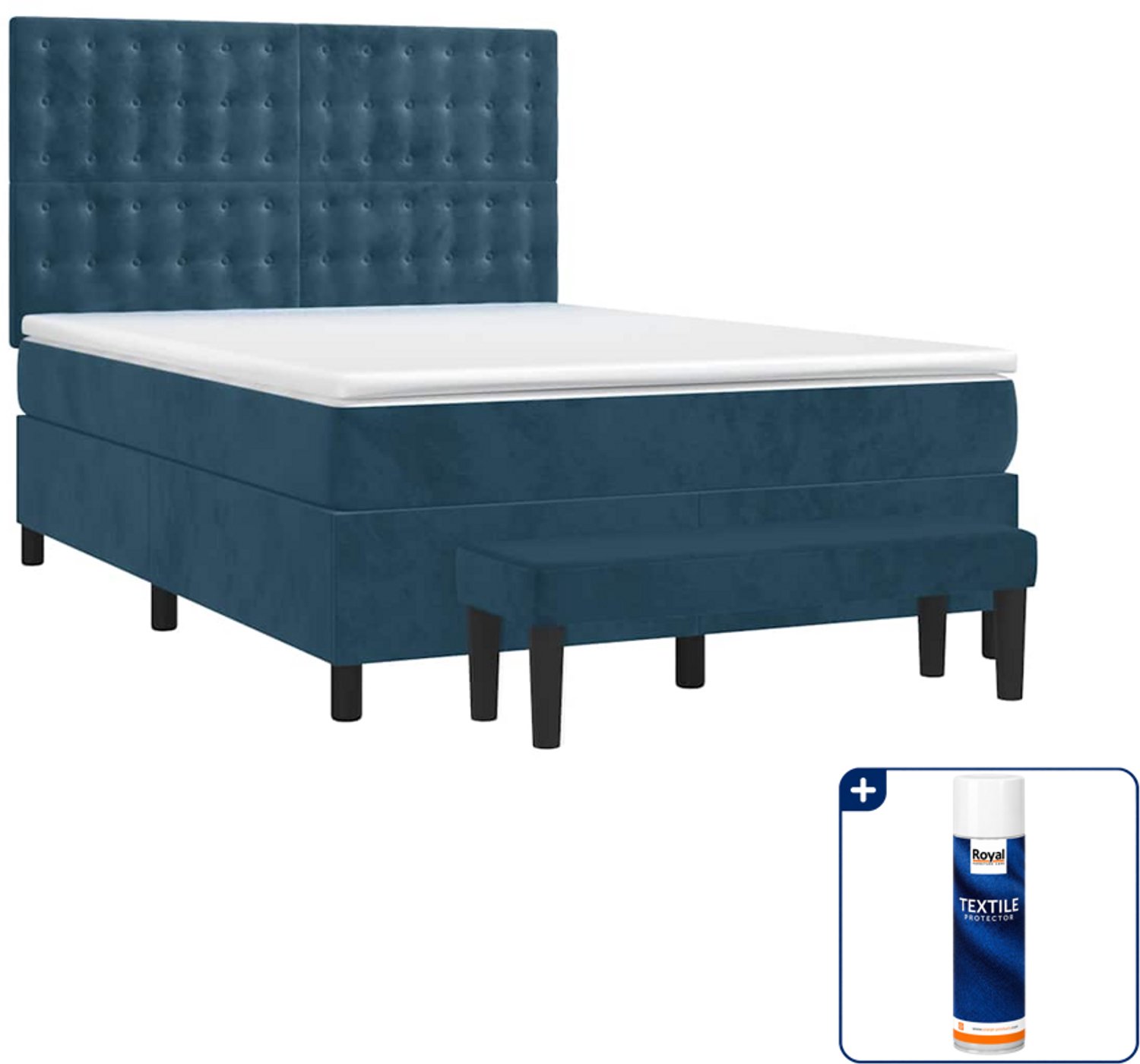 vidaXL boxspring met matras - Small double - 140 x 200 cm - donkerblauw - Inclusief textielbeschermer 500 ml