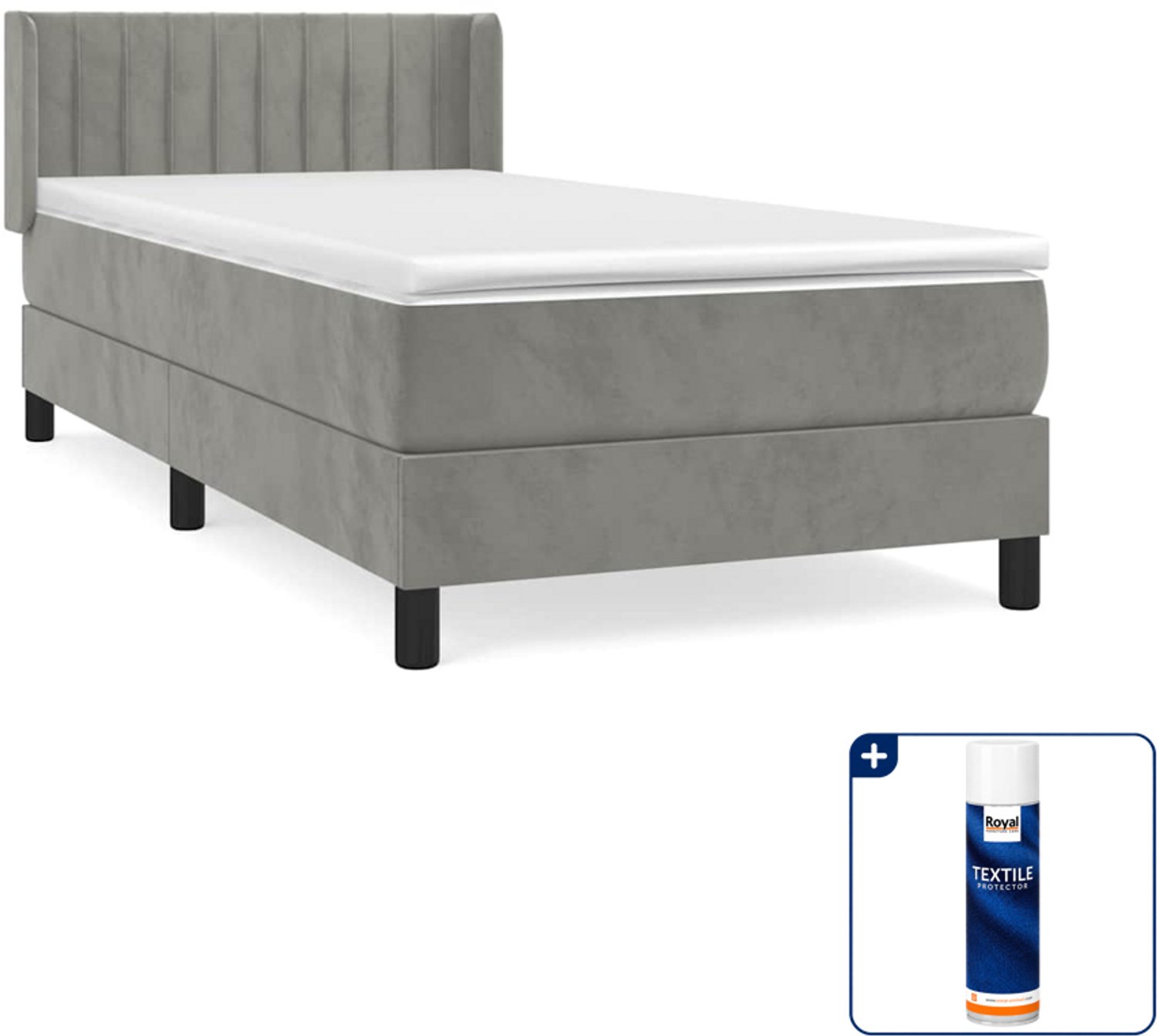vidaXL boxspring met matras 90 x 190 cm - fluweel - lichtgrijs - Inclusief textielbeschermer 500 ml