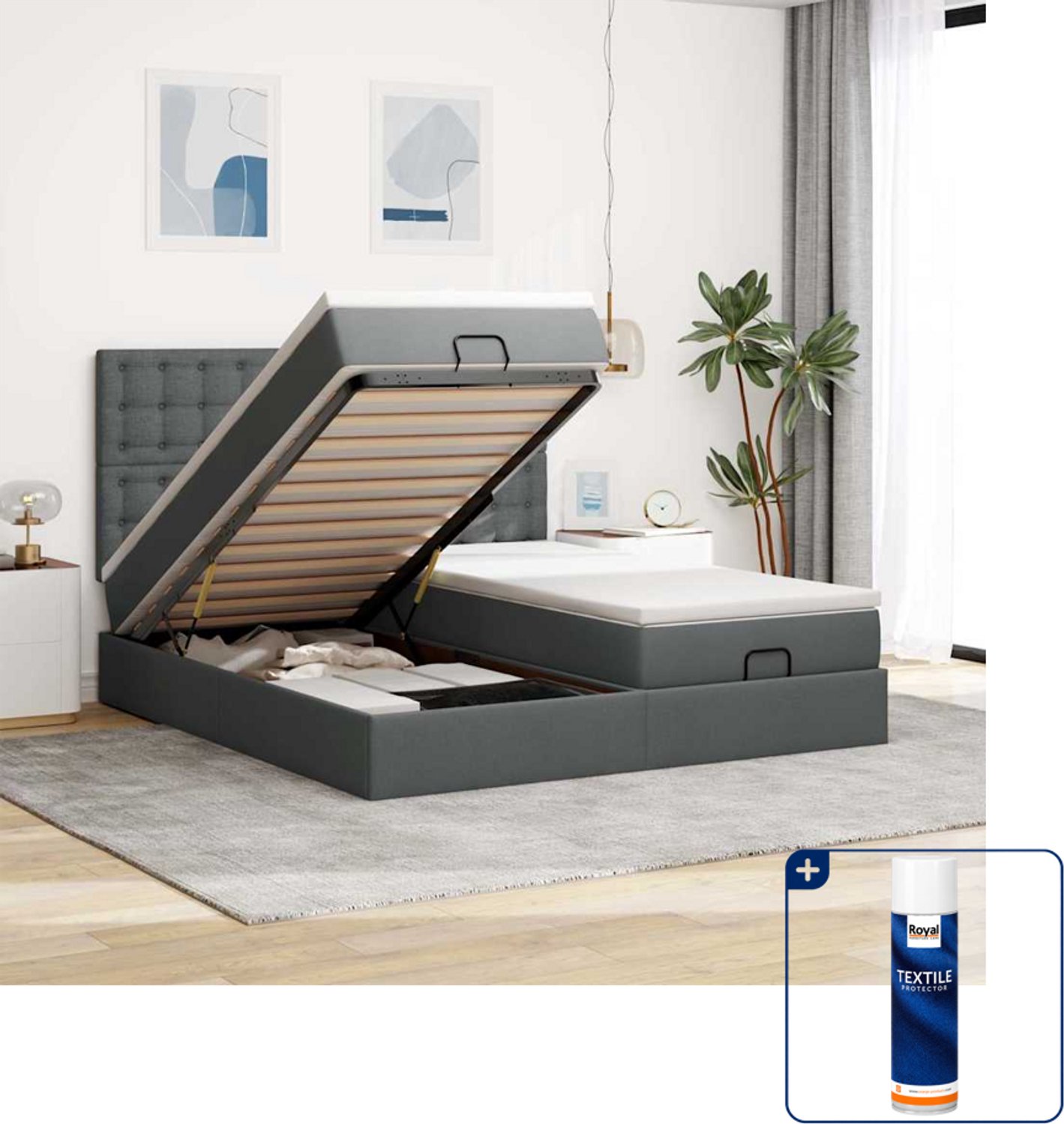 vidaXL ottoman bed - Super kingsize - 200 x 200 cm - donkergrijs - Inclusief textielbeschermer 500 ml