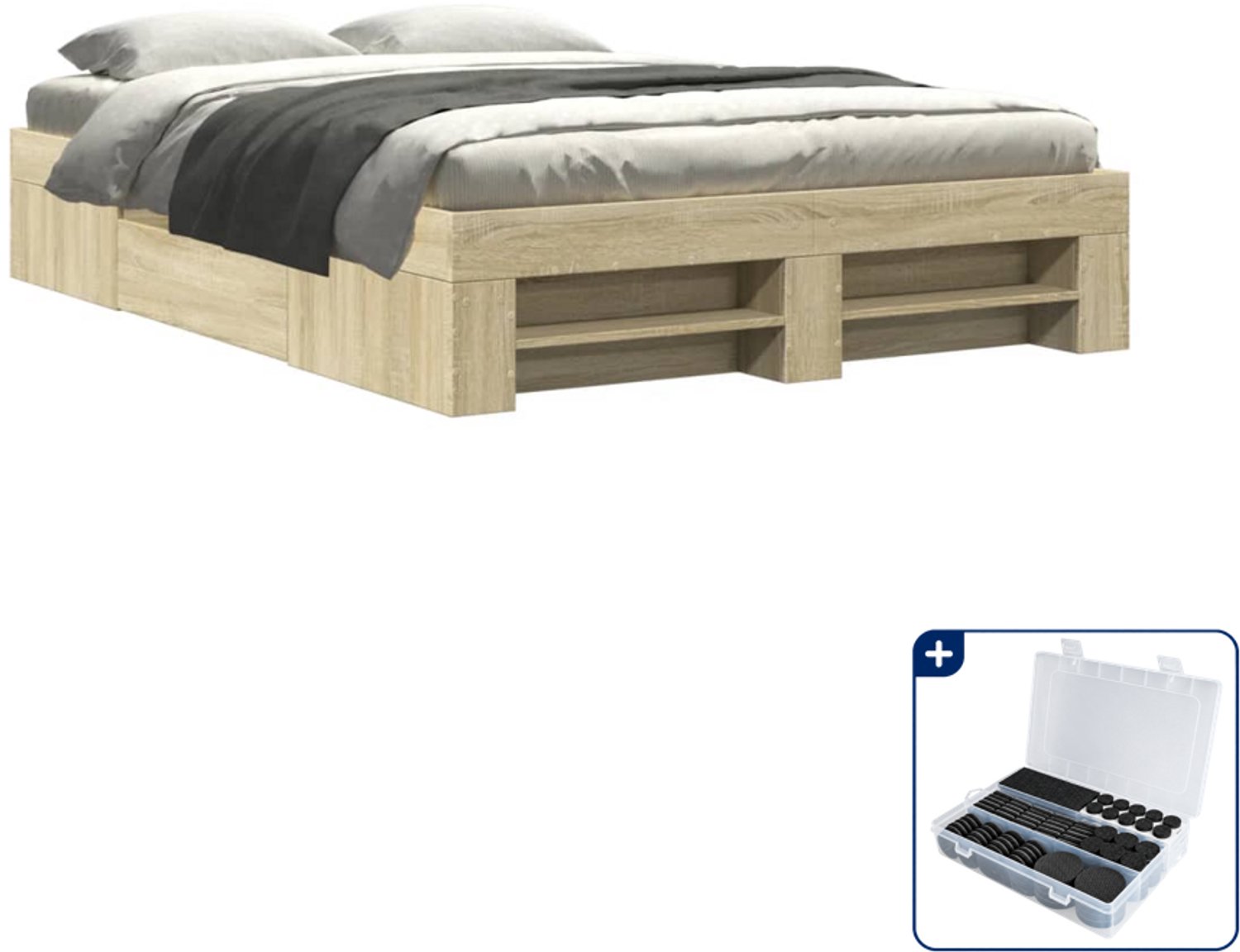 vidaXL Bedframe - 135 x 190 cm - bewerkt hout - sonoma eiken - Inclusief antikrasvilt 177-delig Bruin