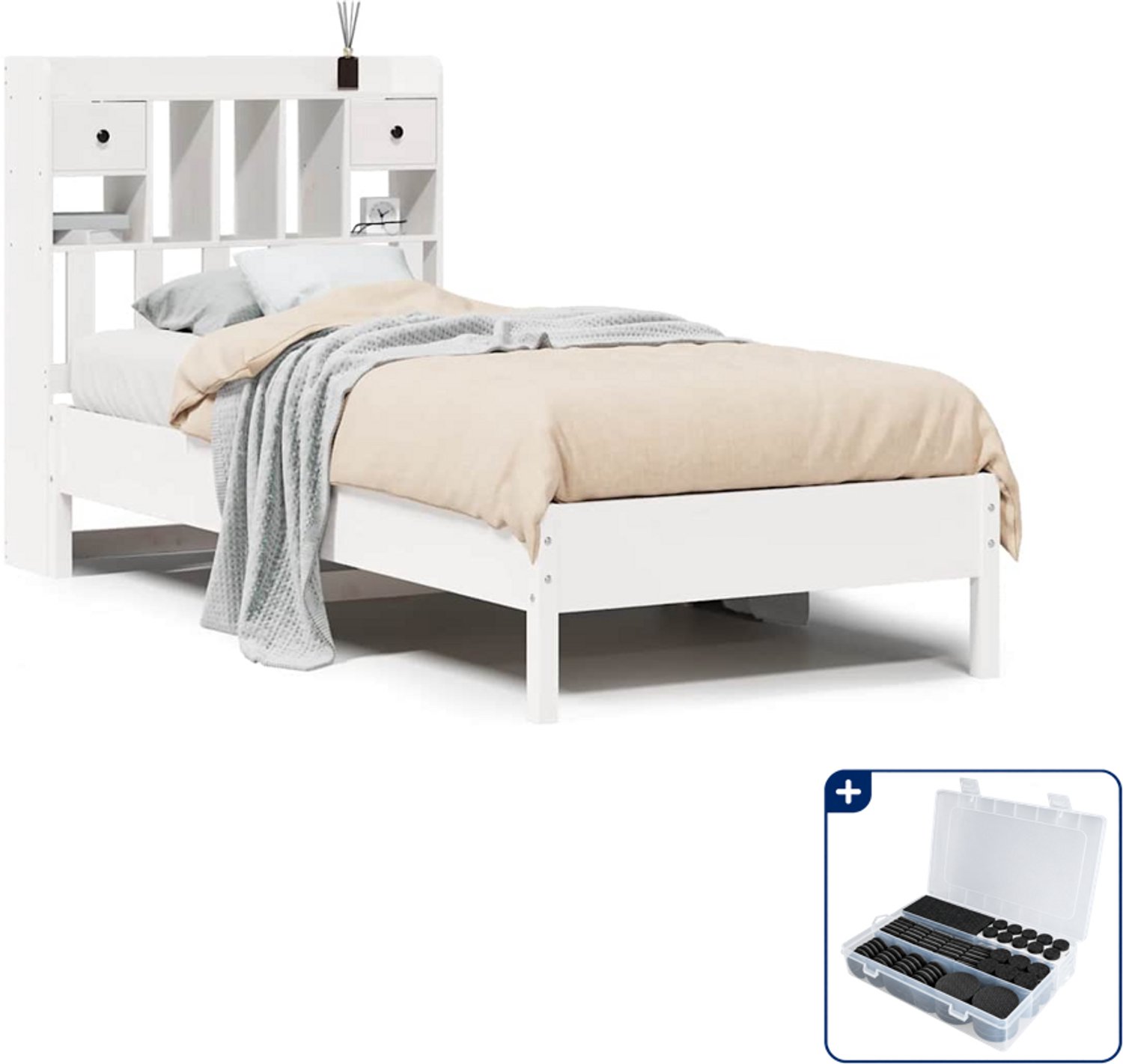 vidaXL bed met boekenkast - 75 x 190 cm - massief grenenhout - wit - Inclusief antikrasvilt 177-delig Bruin