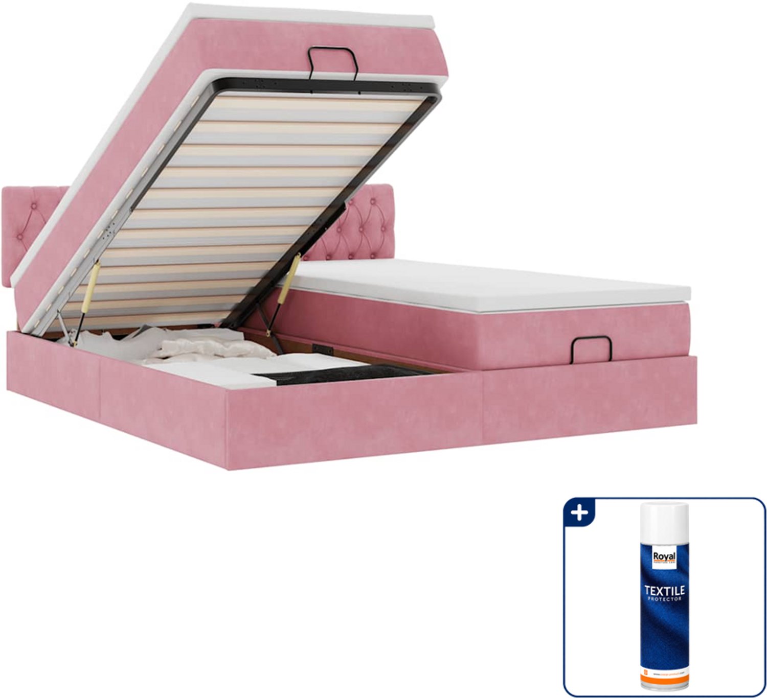 vidaXL Queensize ottoman bed met matras en led - 160 x 200 cm - roze - Inclusief textielbeschermer 500 ml Zwart