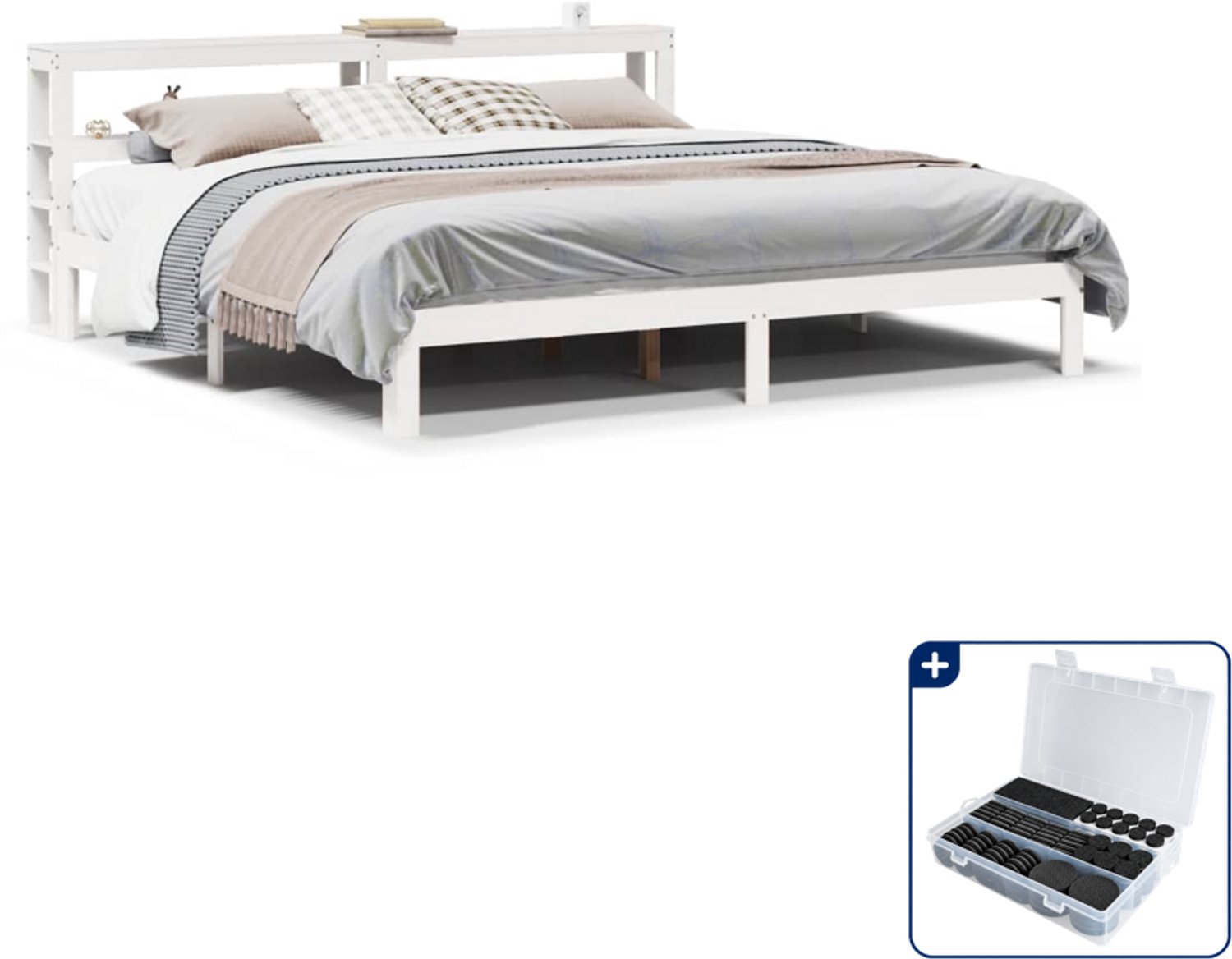 vidaXL Bedframe Kingsize - 180 x 200 cm - massief grenenhout - wit - Inclusief antikrasvilt 177-delig Bruin