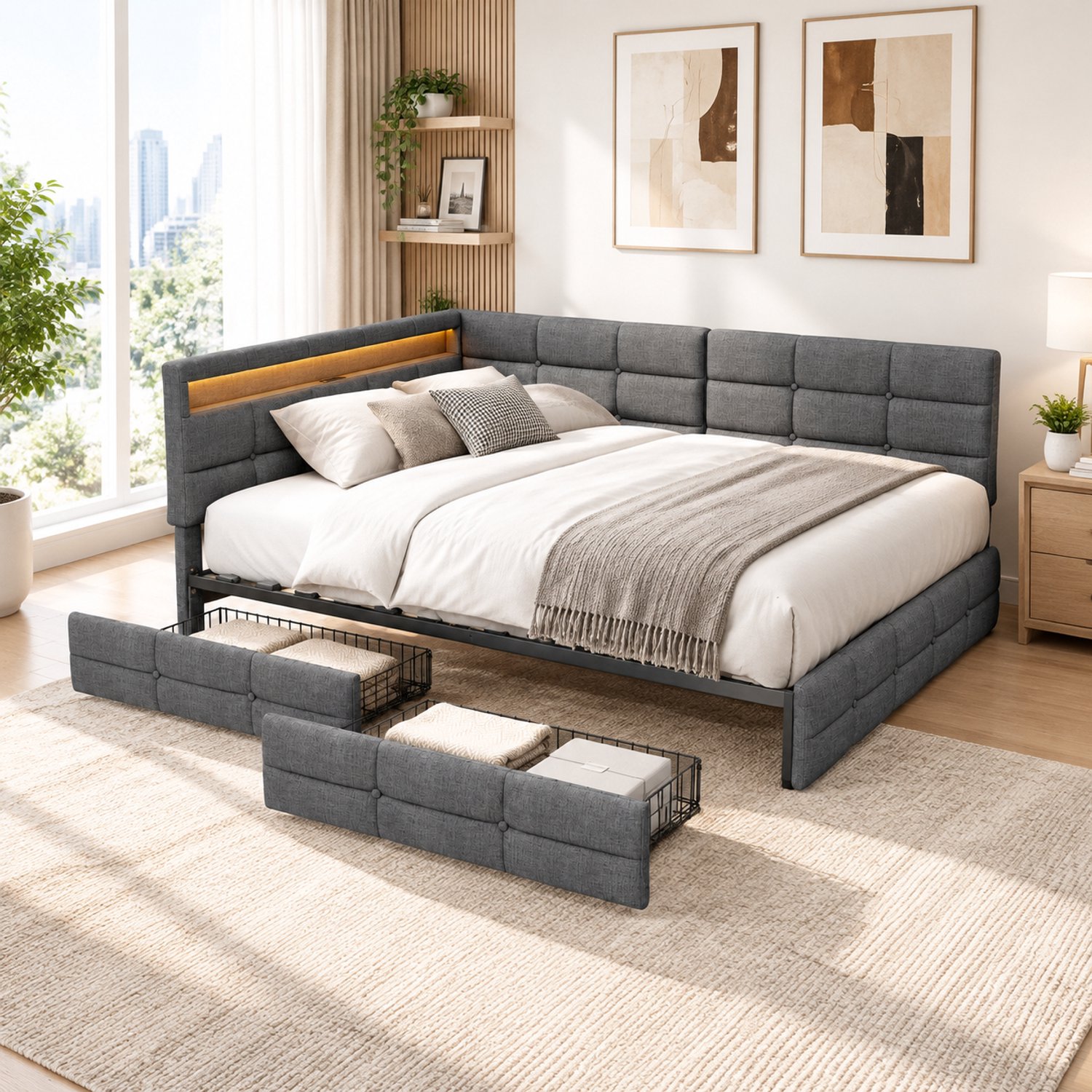 Yelenaro Gestoffeerd Slaapbank 140x190 cm avec 2 laden, Tweepersoonsbed met opbergruimte en lattenbodem, L-Vormig bedframe met LED en USB, Linnen Grijs