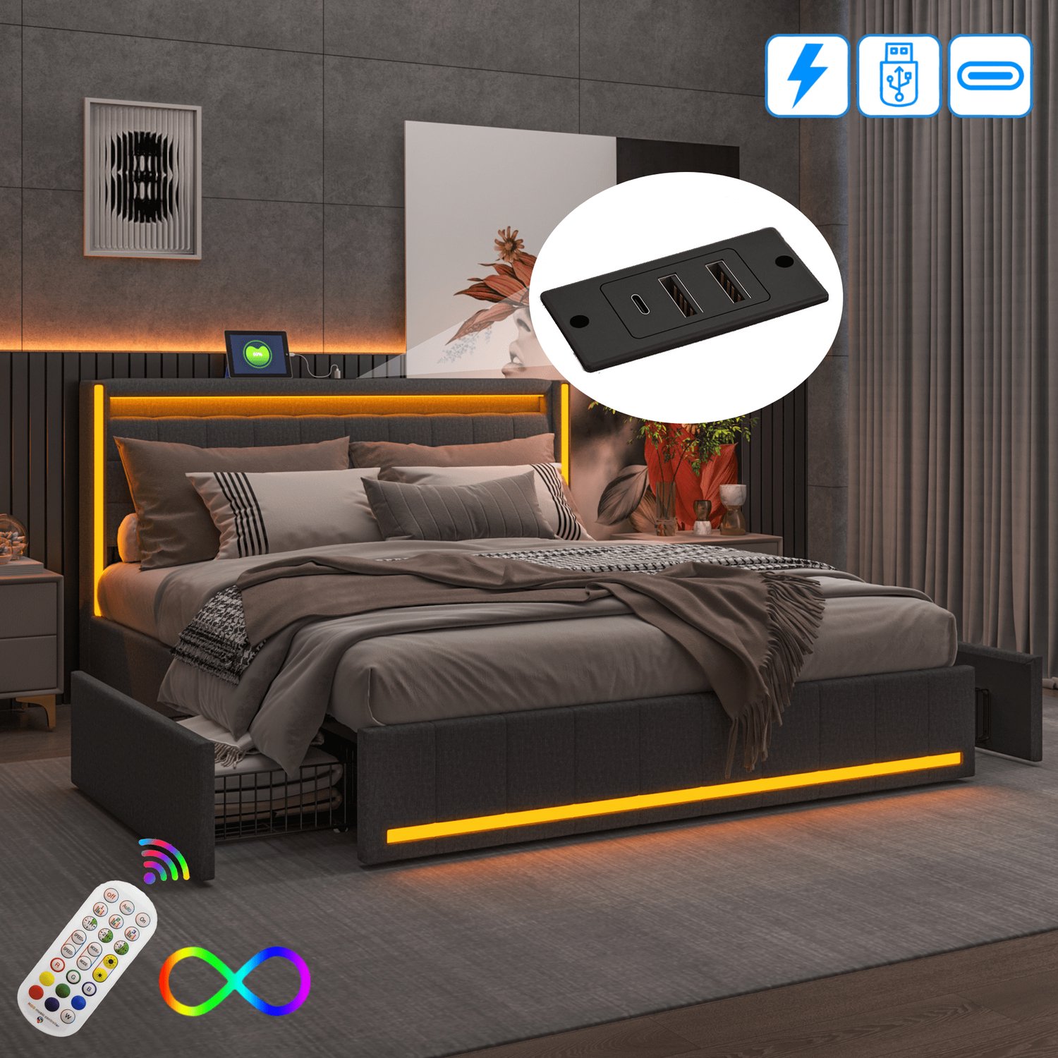 Yelenaro Gestoffeerd Opbergbed 180x200 cm met 4 lades, King Size Tweepersoonsbed met LED-verlichting en USB-poort, 2 Persoons Bed met lattenbodem, Linnen, Grijs