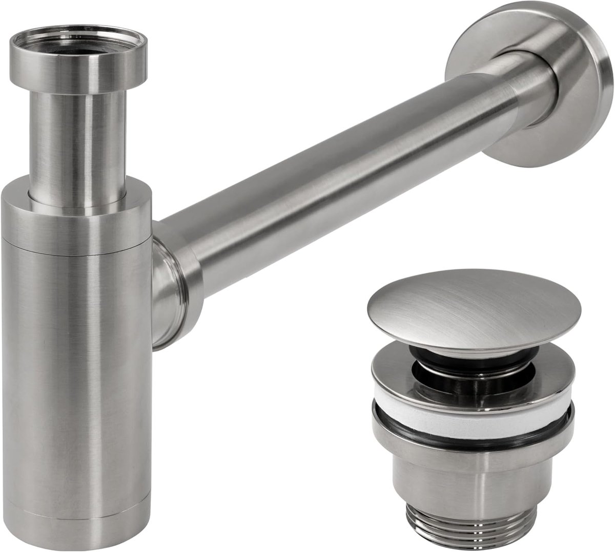 Siphon wastafel, badkamer, BRUSH nikkel roestvrij staal met klikstop, universele sifon van messing voor wastafel (geborsteld, Nikiel)