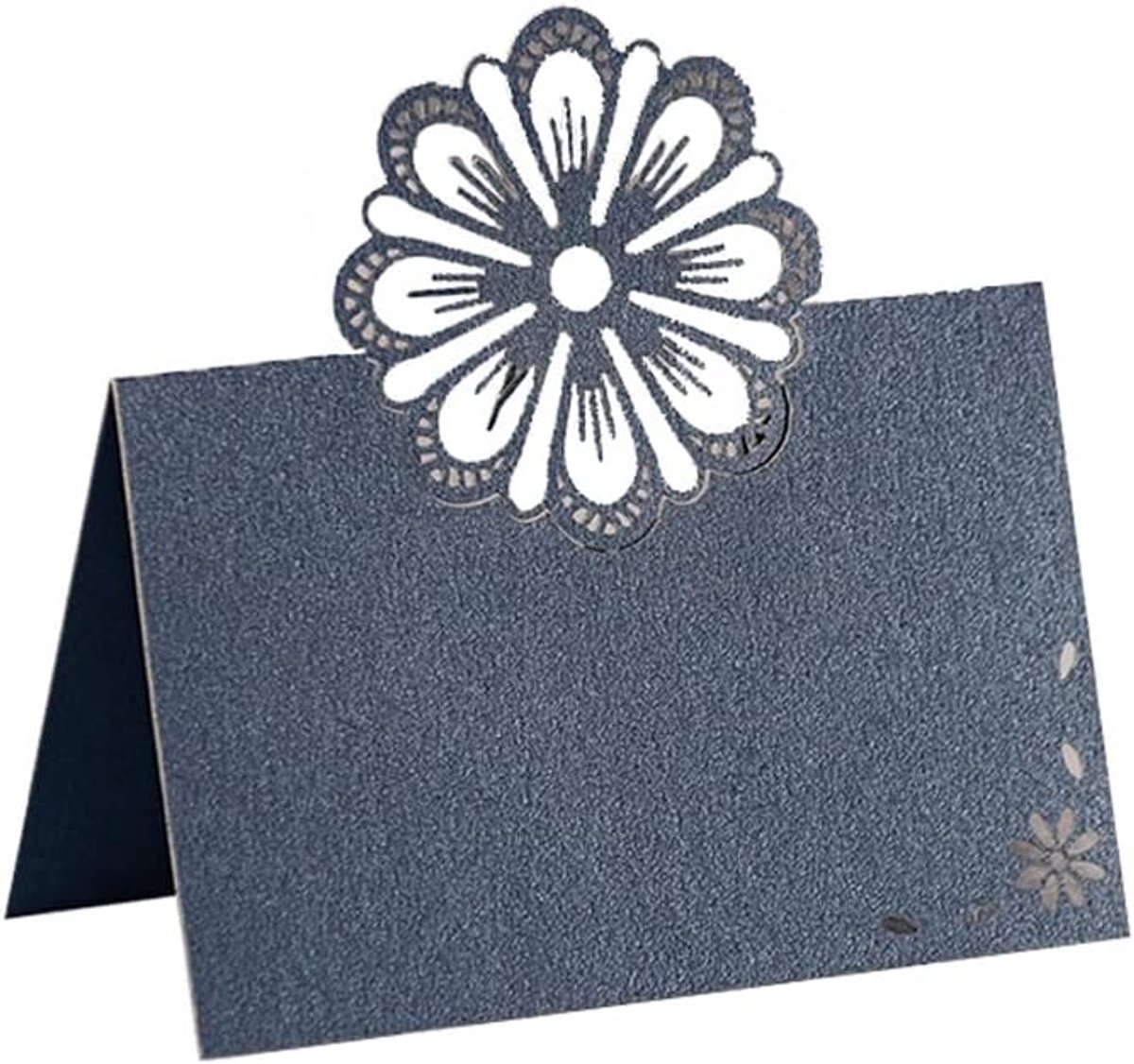 Tafelkaart voor bruiloft bruid douche diner, receptie, banket, buffetvoeding, zitplaats kaarten voor tafels, gescoord voor eenvoudig vouwen, holle bloemontwerp, 50 stuks (marineblauw)