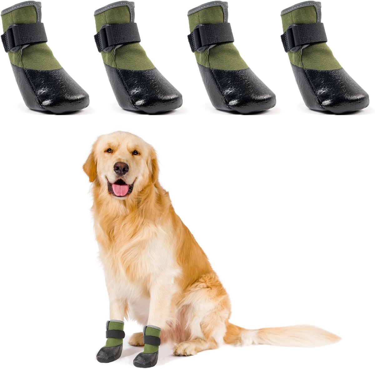 Schoenen Pootbescherming, 4 stuks Anti-Slip Hondensokken Pootbescherming, Outdoor Ademende Hond Schoenen met Verstelbare Riemen en Waterdichte Zool, Groen, 2XL