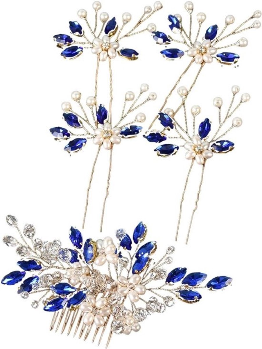 Bruid Haarclips - Bruiloft Sieraden - Feestelijke Kapsels - Elegant Design - 5 Delig - Blauw