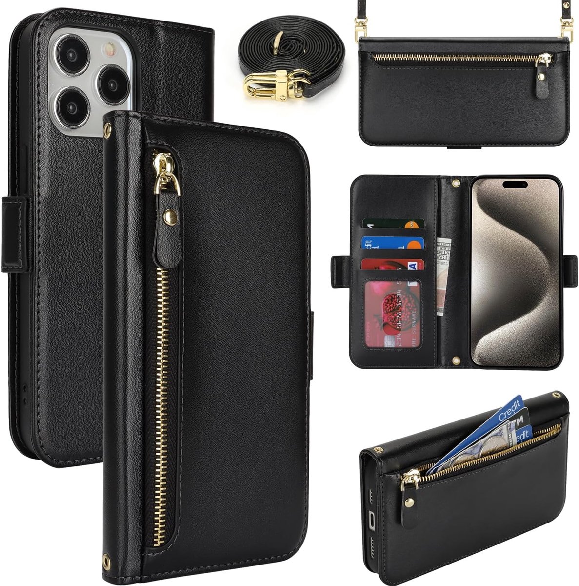 Hoes voor mobiele telefoon voor iPhone 15 Pro Max met praktische band en kaartenvak, stijlvolle klaphoes met telefoonketting, van hoogwaardig leer Hoes voor iPhone 15 Pro Max - Zwart