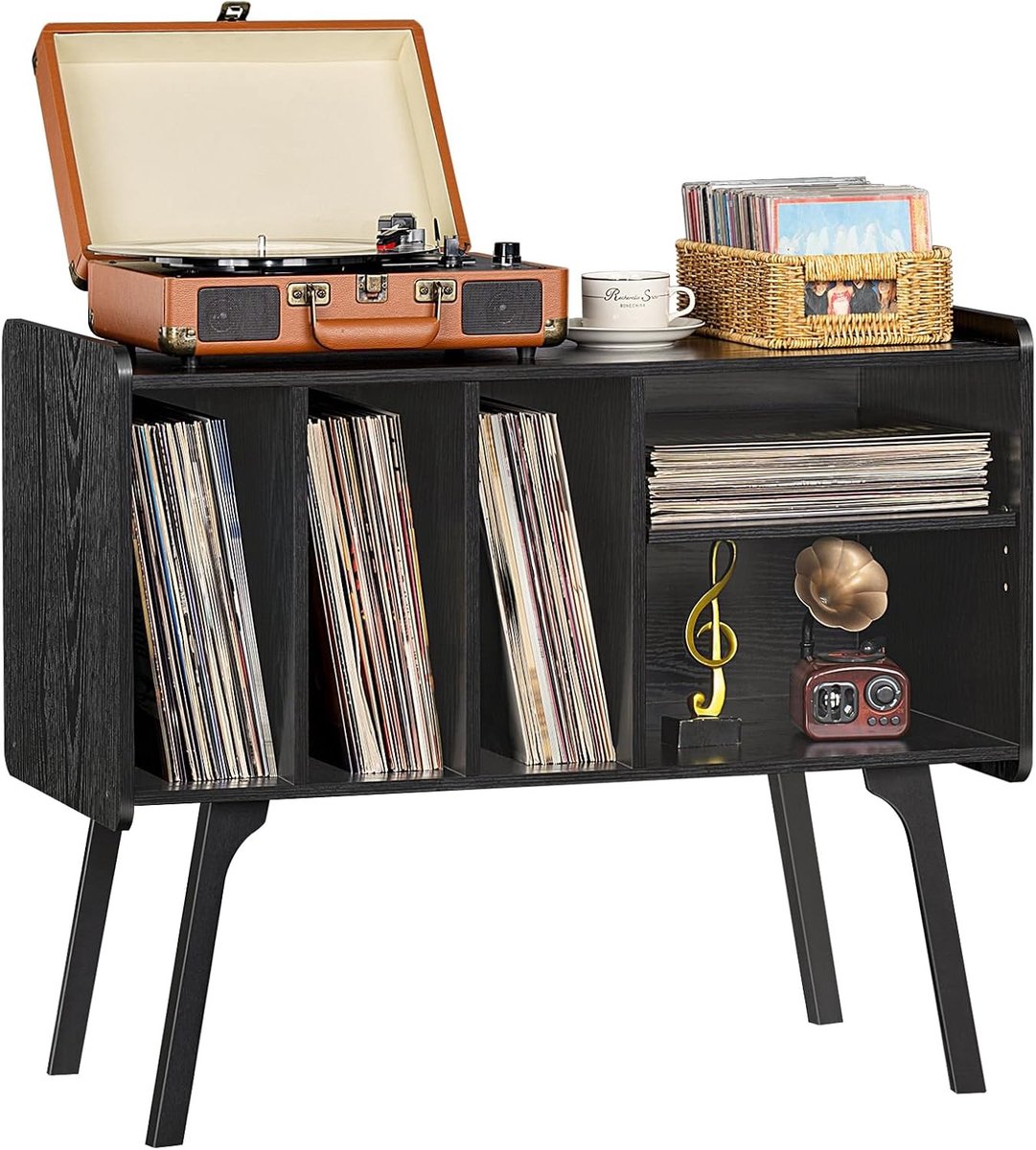 Platenspeler standaard - Zwart - 80 x 40 x 67,8 cm - Houten frame met 4 compartimenten - Voor vinylopslag en audioapparatuur