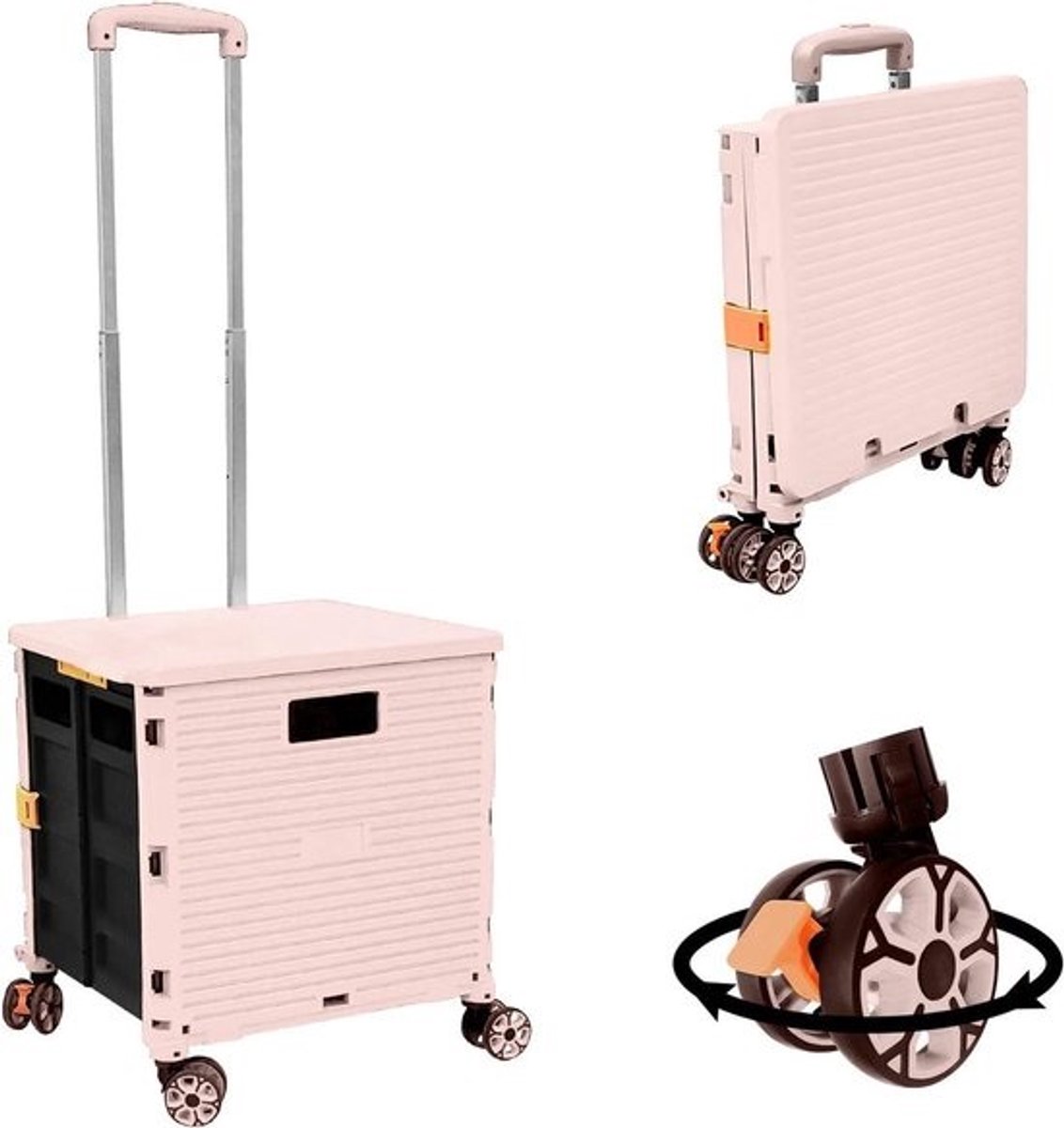 Opvouwbare Wagen - Rolkist Boodschappen - Spullen Vervoeren - 4 Zwenkwielen Met Rem - 50 kg Draaglast - Roze