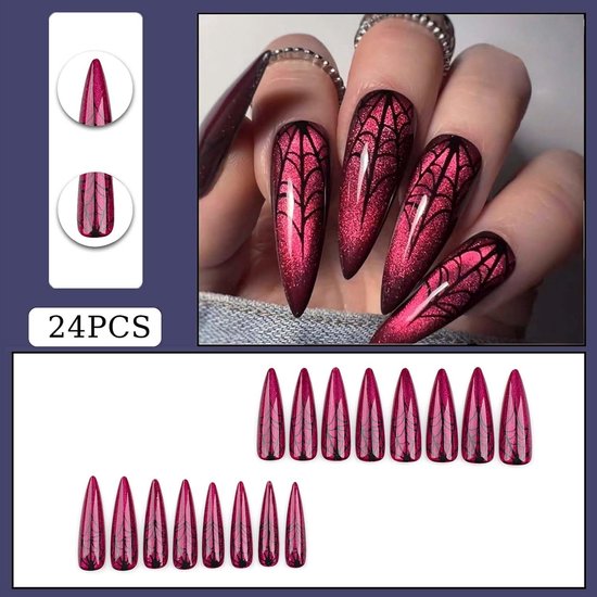 Nagels om op te plakken, 24 stuks Cat Eye press-on nagels, Halloween, donkerrood, spinnenweb, lange vingernagels om op te plakken, volledige cover, kunstnagels, rozerood, kunstnagels, nail art — afbeelding 4