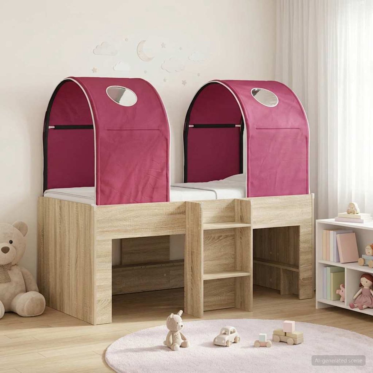 vidaXL Bed - met - Tunnel - 3 - st - Sonoma - en - Rood - Bewerkt - hout Sonoma en rood