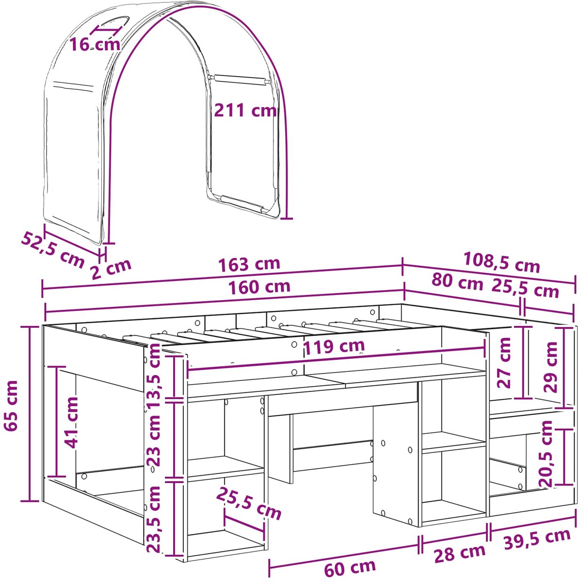 vidaXL Bed - met - Tunnel - met - plank - 3 - st - Sonoma - eiken - en - rood - Bewerkt - hout
