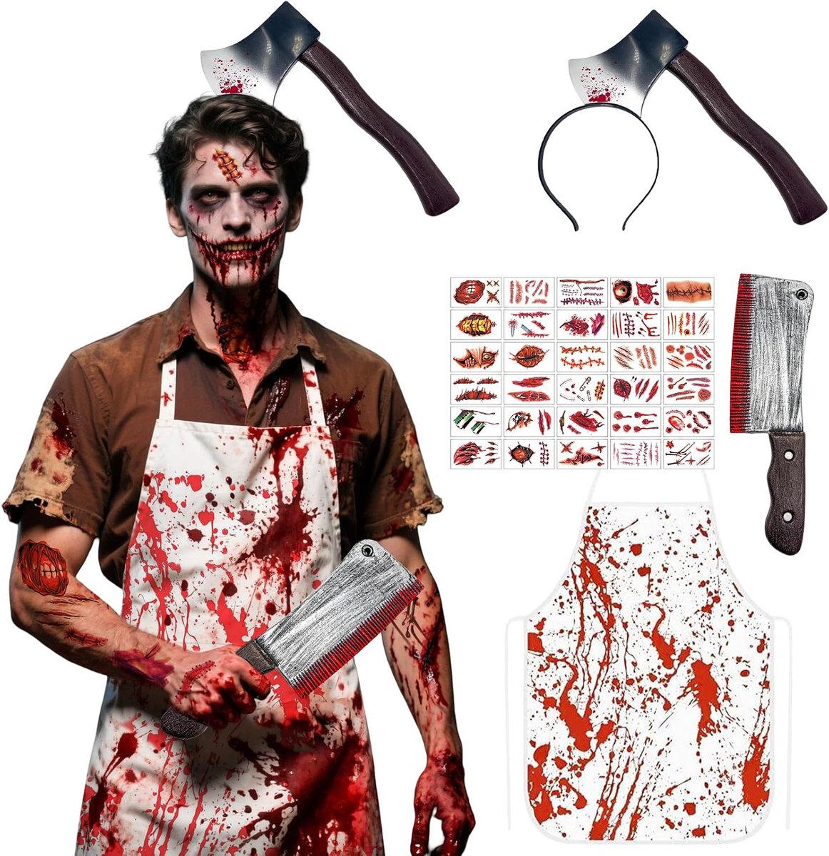 slagerkostuum, horrorkostuum accessoire heren, Halloween bloedig schort keukenmes hoofd haaraccessoires met mes en 30 stuks zombie-littekens tatoeages voor feest cosplay